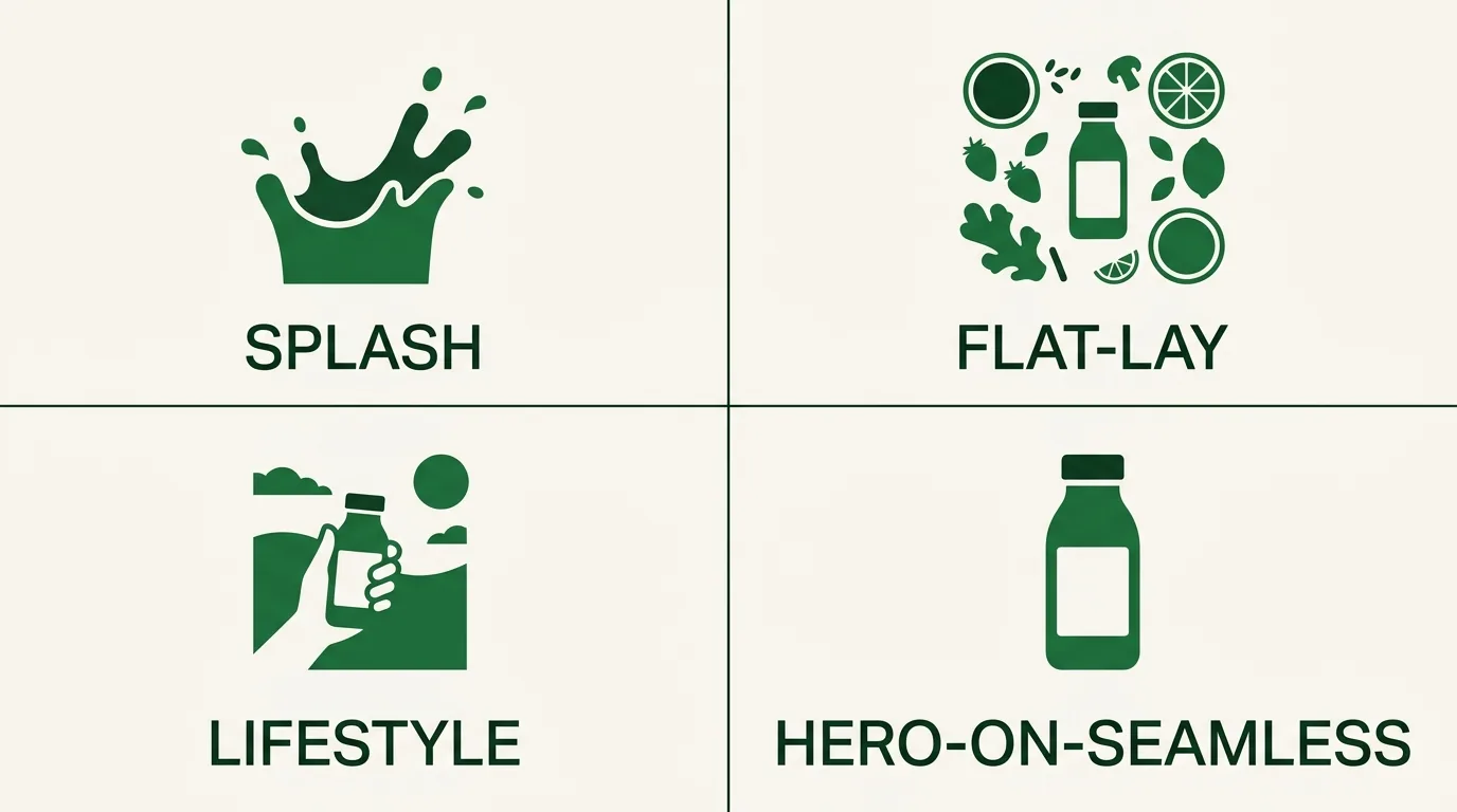 A simple grid of four beverage-shot style icons for AI product photography: splash, flat-lay, lifestyle, and hero-on-seamless, flat icon style