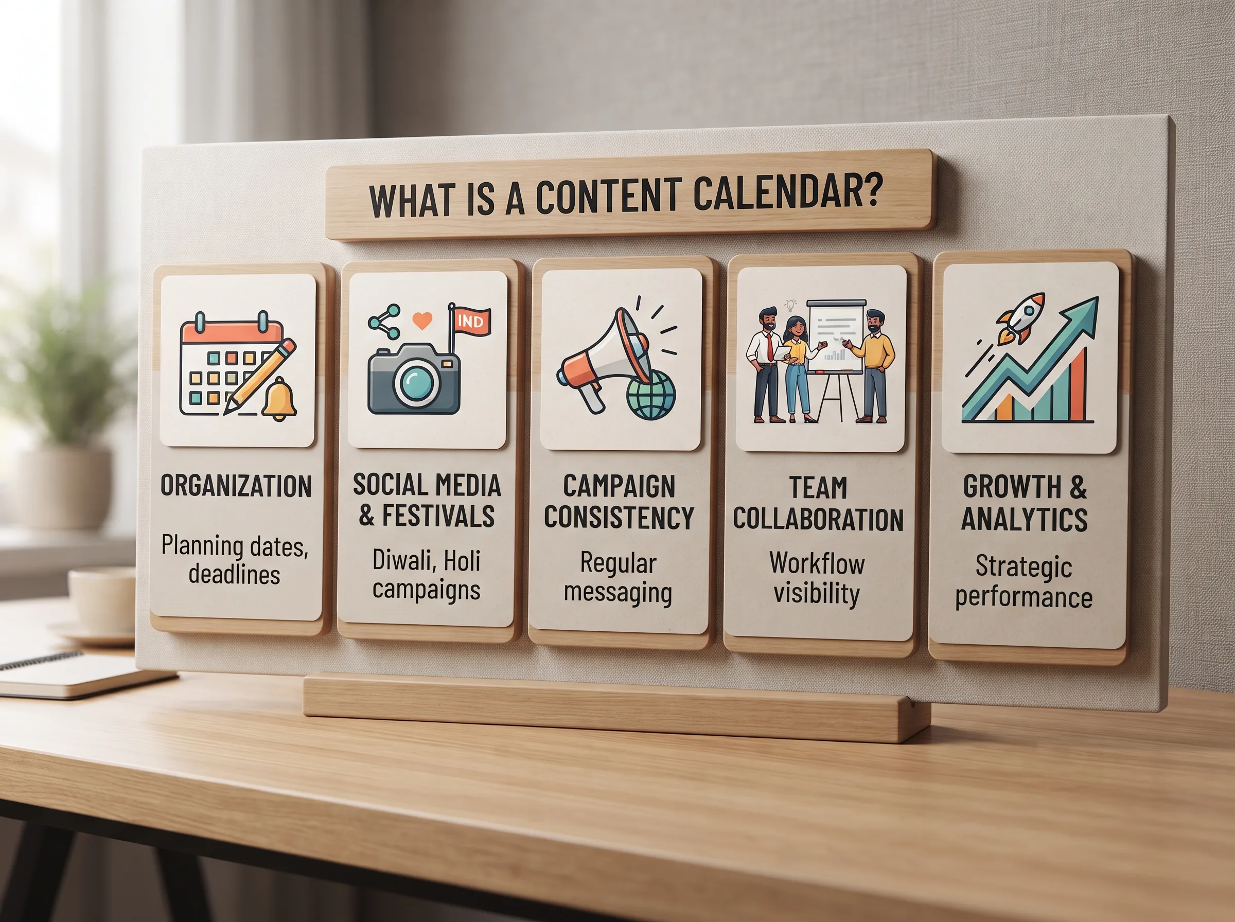 Content calendar for India: strategy and success, mascot pointing at a calendar with a clock and phones showing Instagram