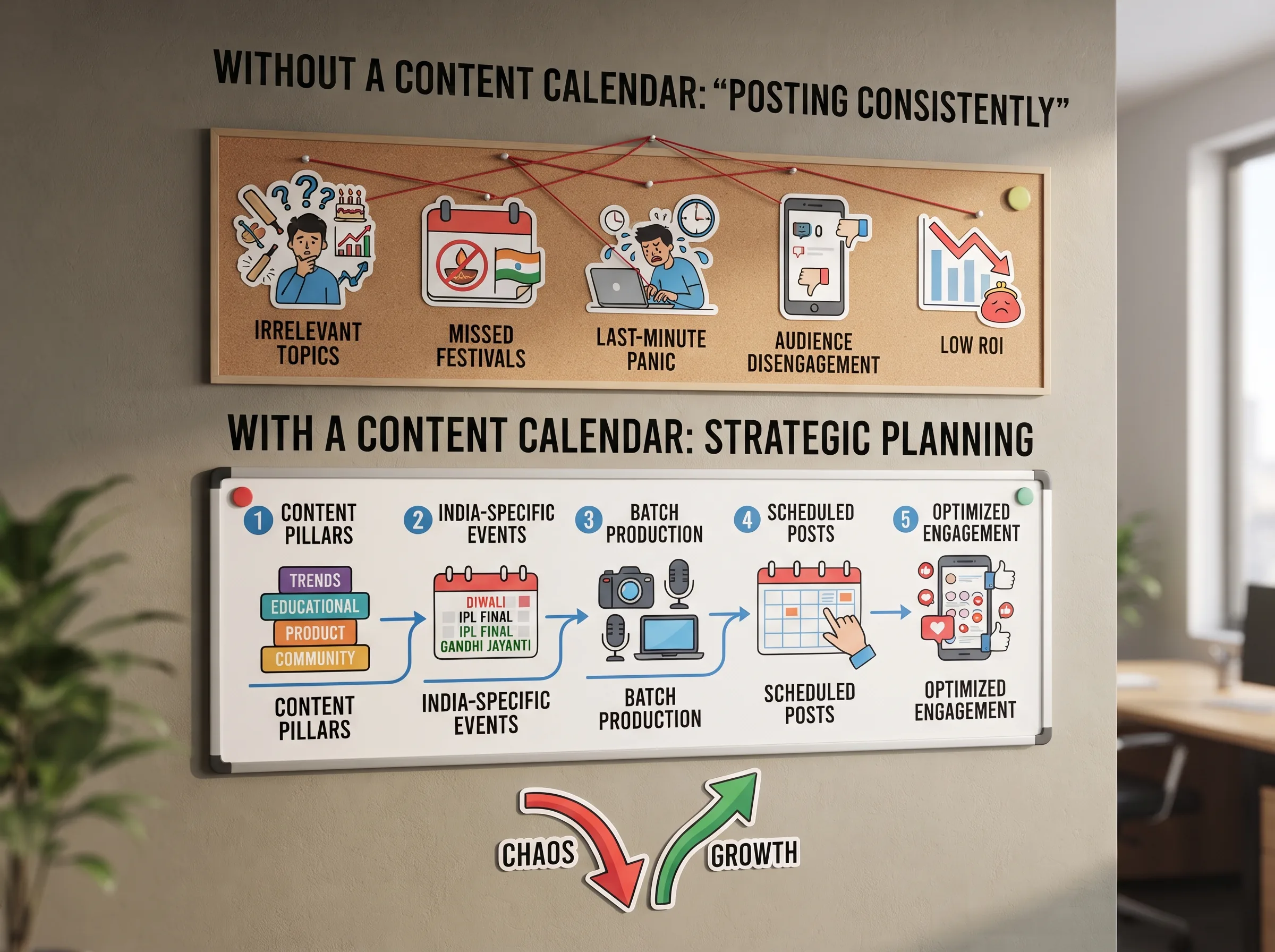 Without a content calendar posting consistently leads to irrelevant topics, missed festivals, and last-minute panic; with a content calendar you get content pillars, India-specific events, batch production, and scheduled posts
