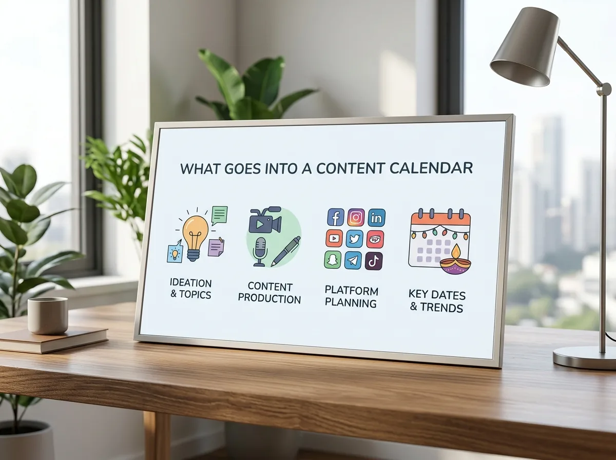 What goes into a content calendar: ideation and topics, content production, platform planning, and key dates and trends