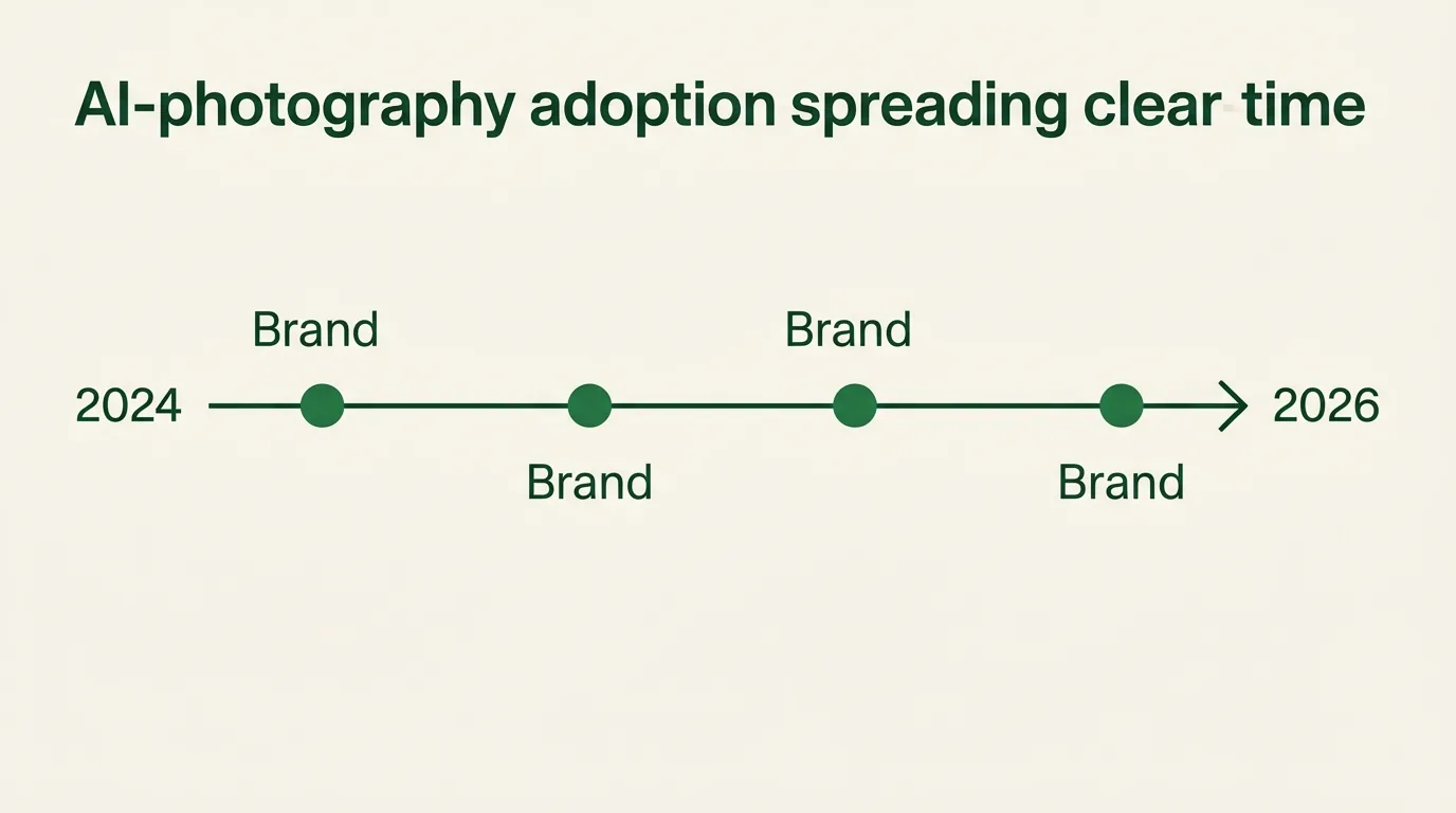 Adoption timeline of fashion brands using AI photography from 2024 to 2026