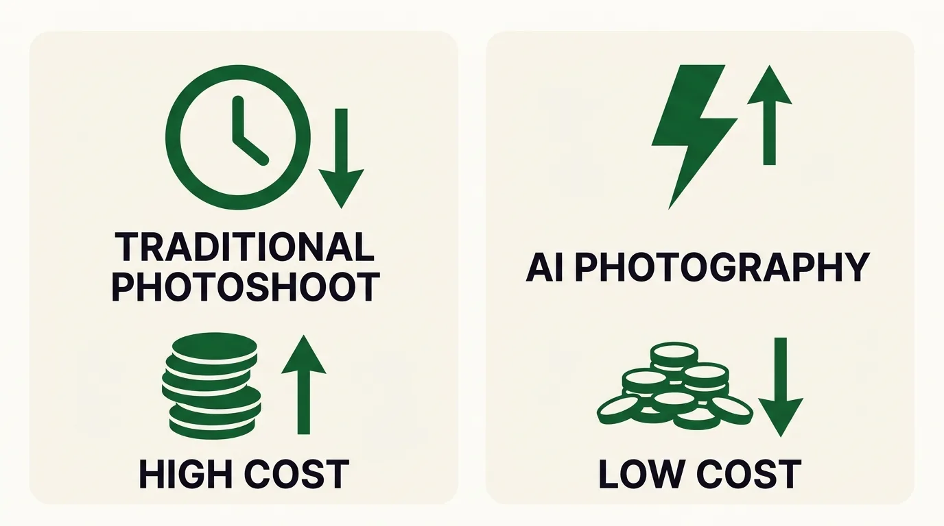 Before and after cost comparison of traditional versus AI product photography