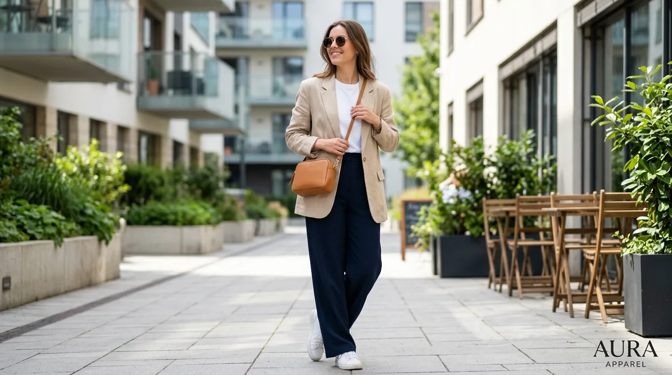 On-model product photography example for social ads showing the outfit worn in a lifestyle setting