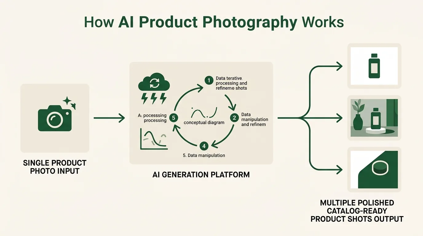 Diagram of how AI product photography works, turning one photo into multiple catalog shots