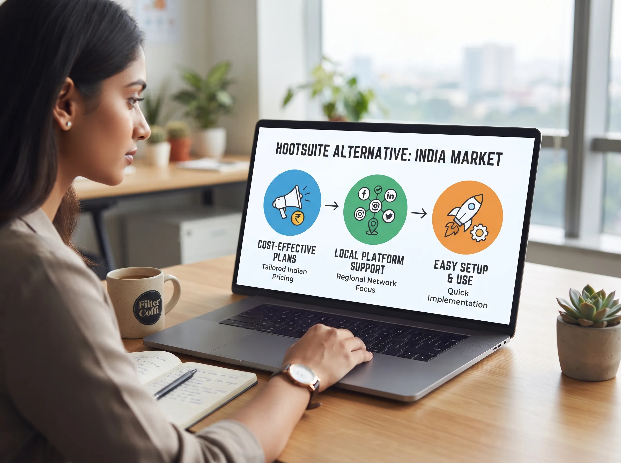 Illustration of a small business owner checking a phone and laptop with social scheduling icons, clock, and rupee symbol representing the search for an affordable Hootsuite alternative
