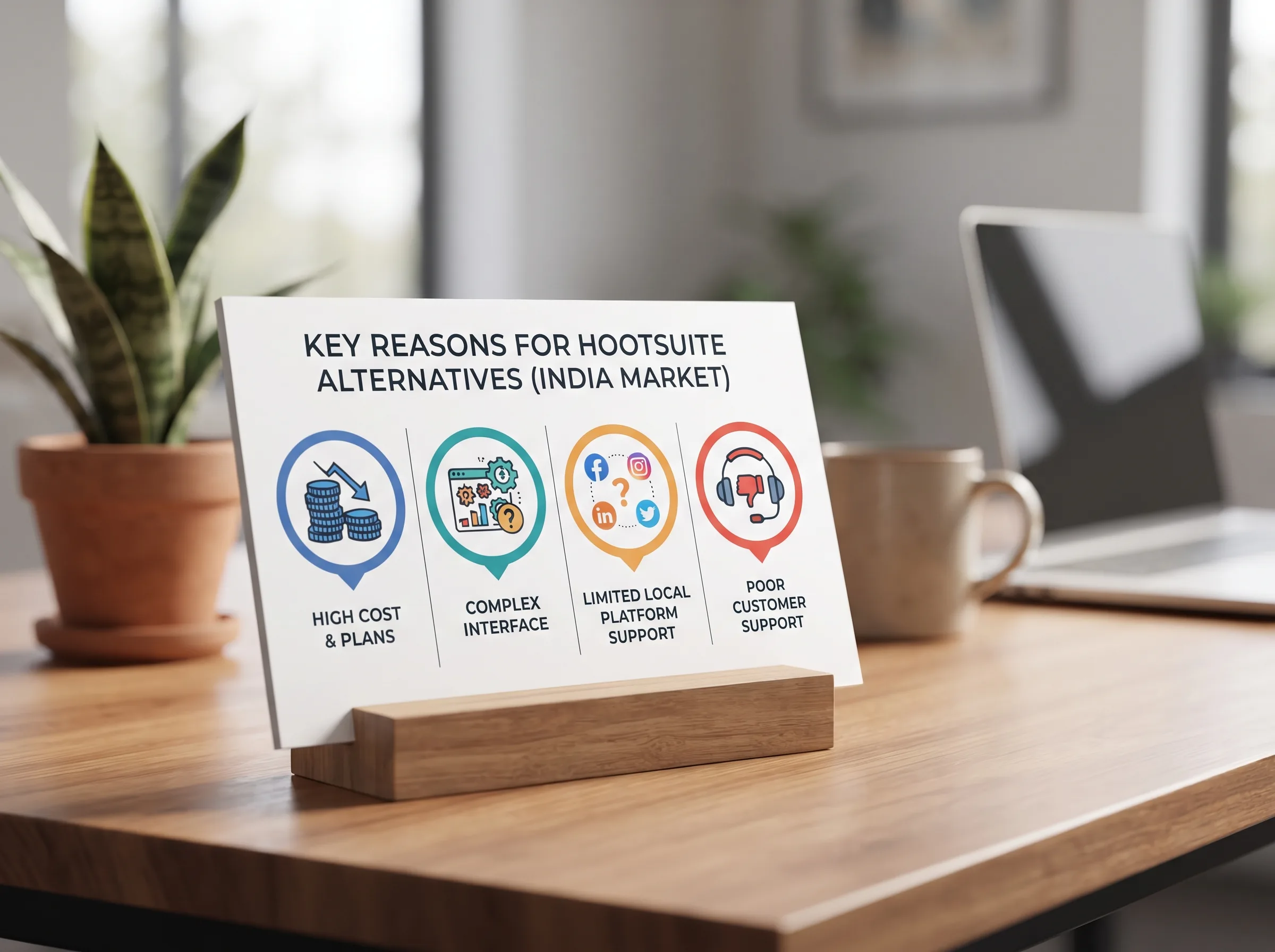 Infographic showing four icons for high cost, complex interface, limited local platform support, and poor customer support as key reasons small businesses look for a Hootsuite alternative
