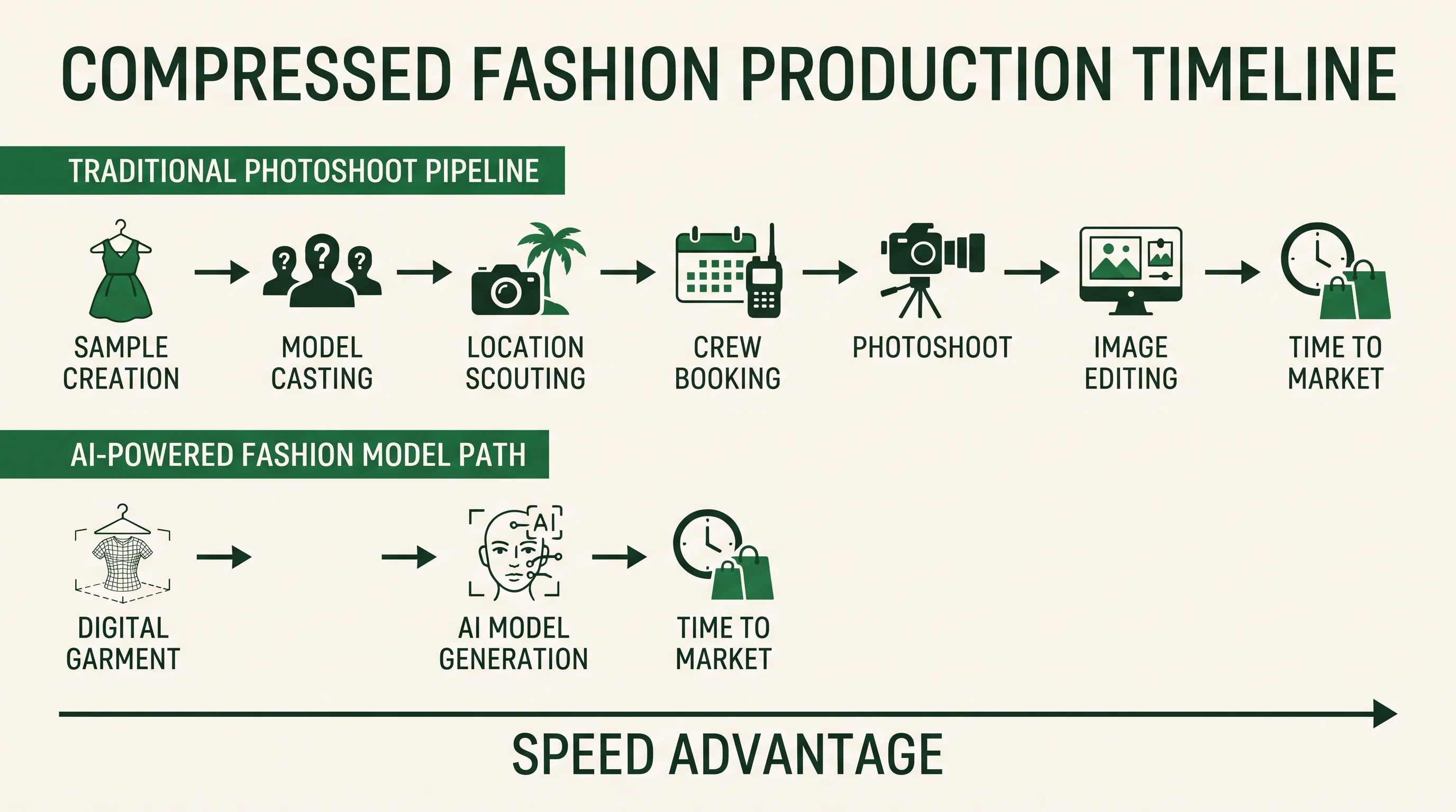 Timeline showing how AI fashion models reduce time to market versus traditional photoshoots