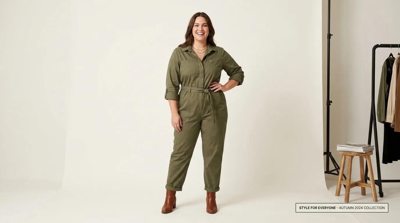 AI fashion photoshoot of a confident plus-size model in stylish apparel for inclusive fashion brands