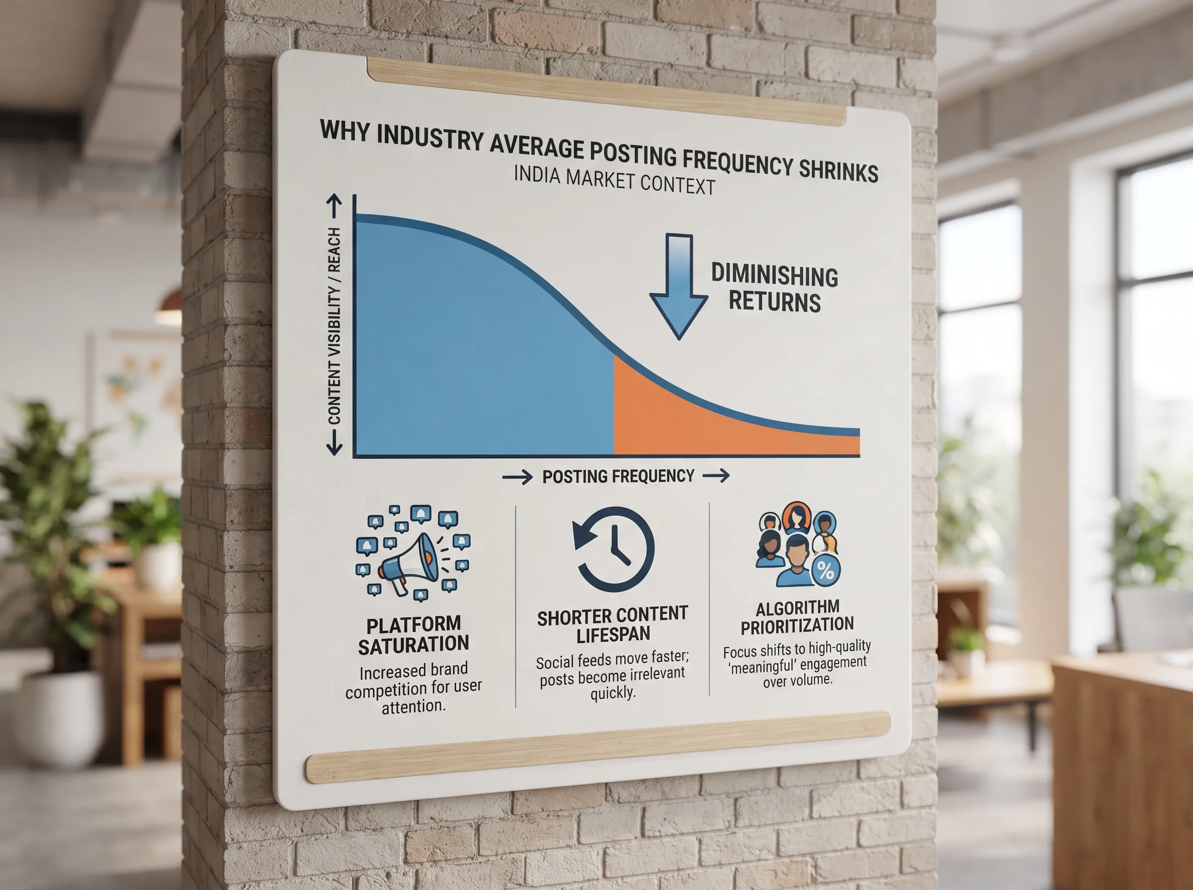 Diagram showing content visibility declining as posting frequency rises past a point, driven by platform saturation, shorter content lifespan, and algorithm prioritization of quality