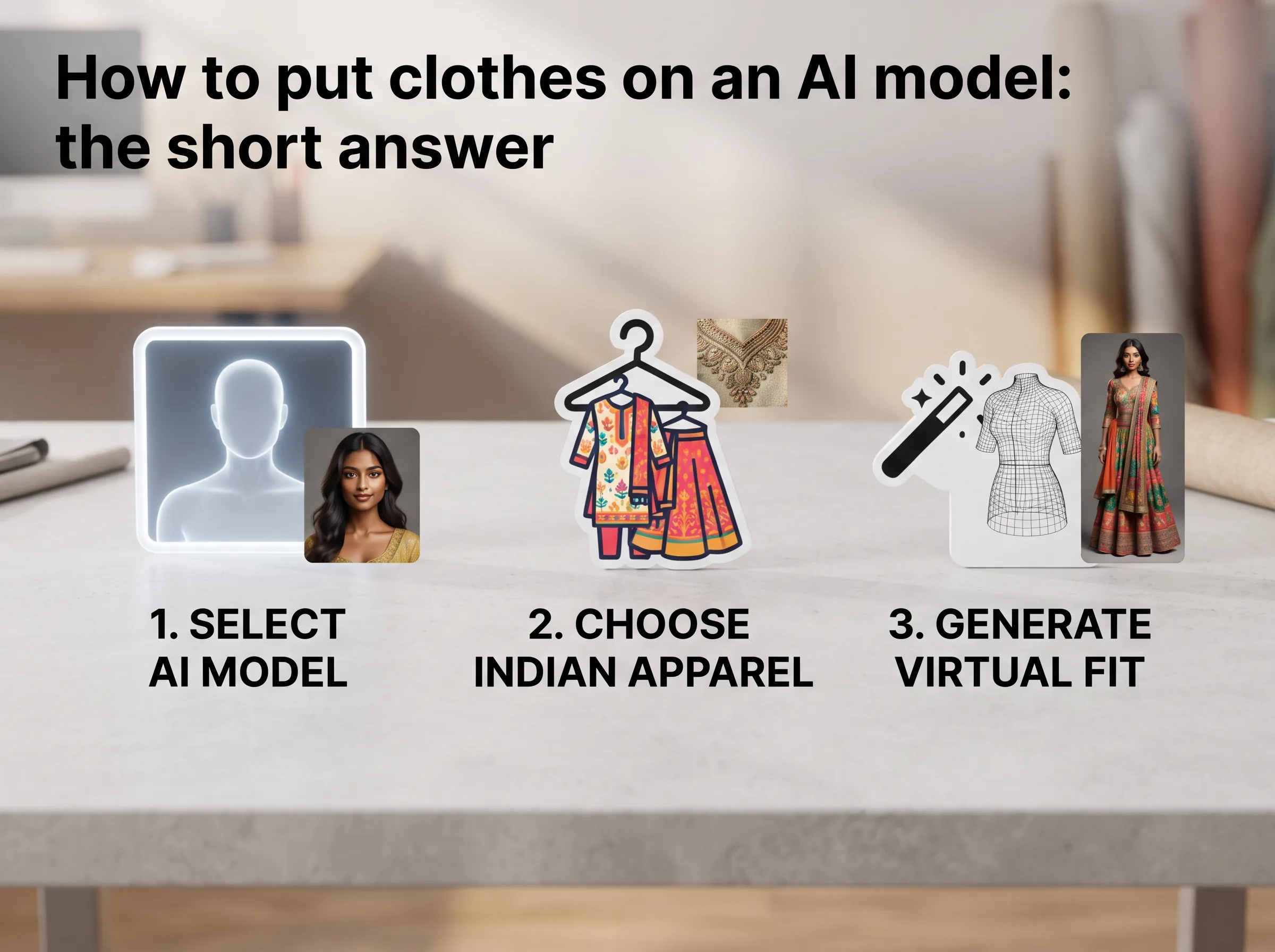 How to put clothes on an AI model: select a model, choose the garment, generate the fit