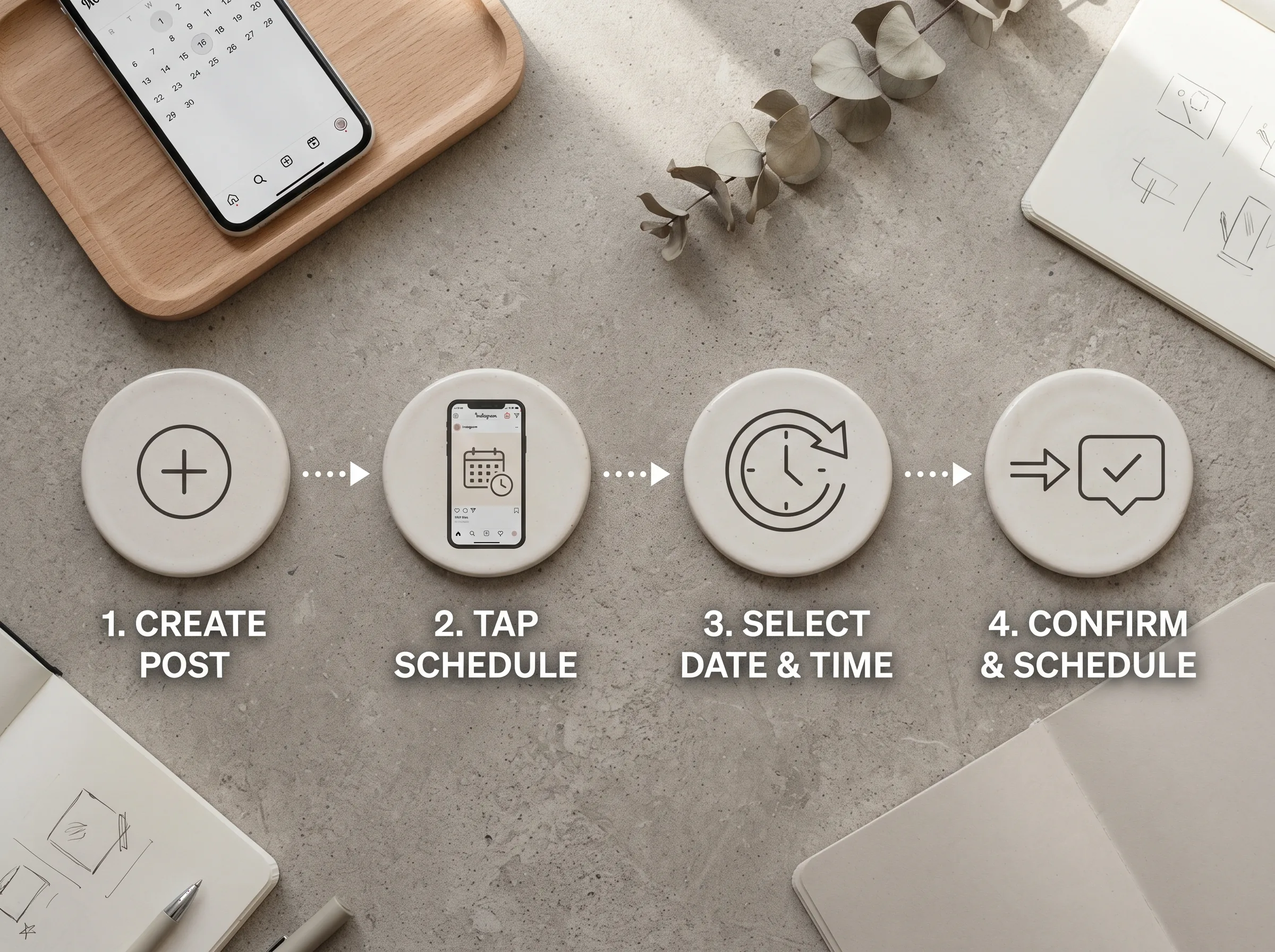Four-step conceptual icon diagram: create post, tap schedule, select date and time, confirm and schedule