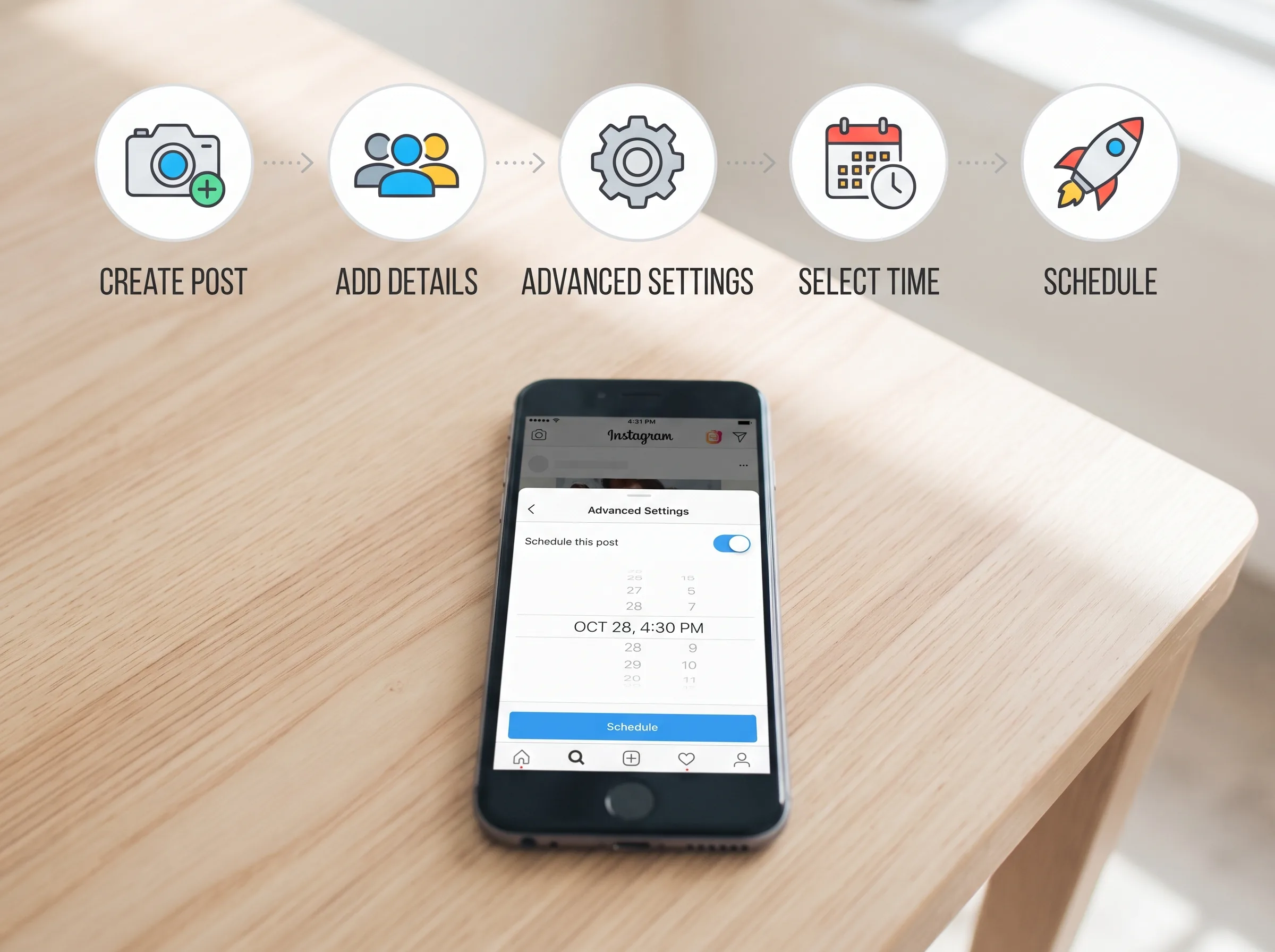 Five-step icon flow on a phone mockup: create post, add details, advanced settings, select time, schedule