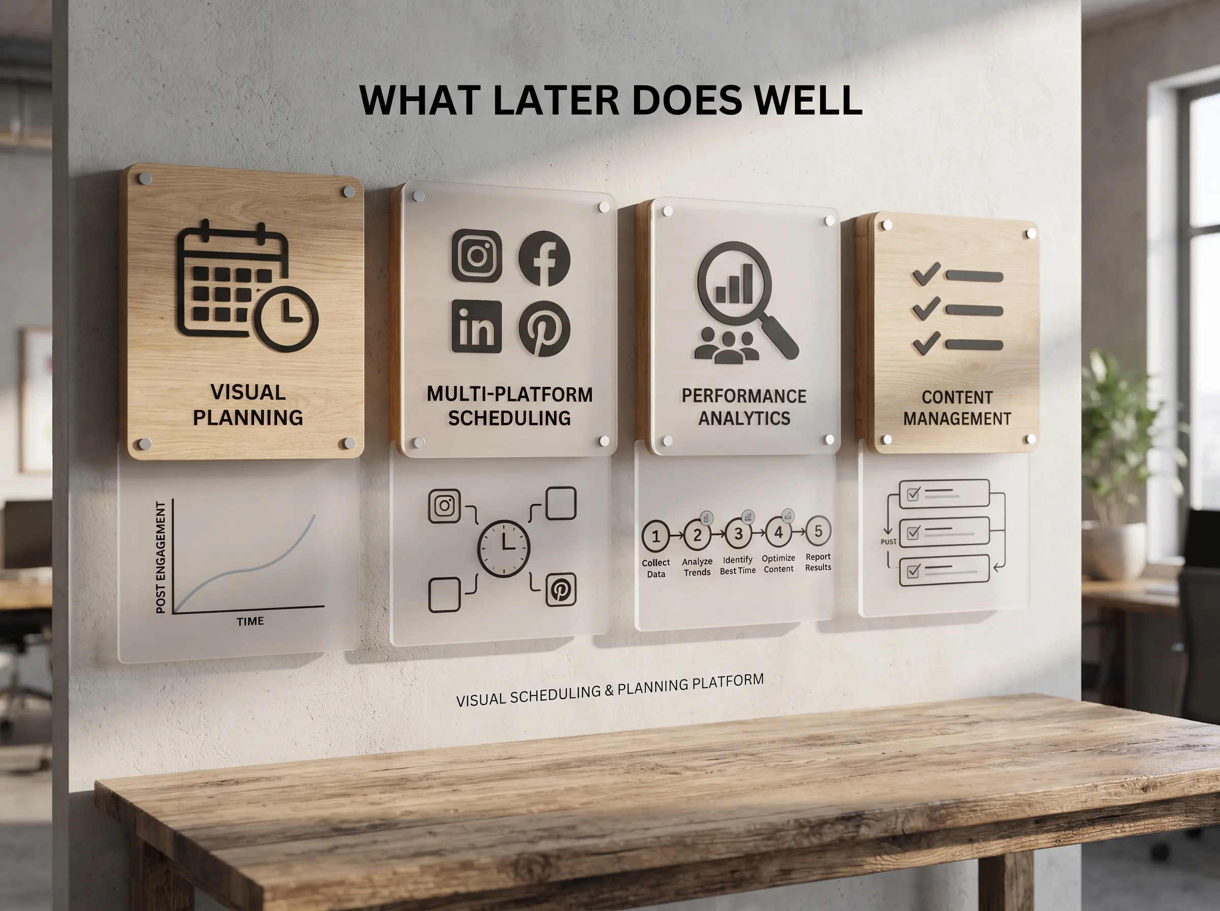 Infographic of four panels showing what Later does well: visual planning, multi-platform scheduling, performance analytics, and content management