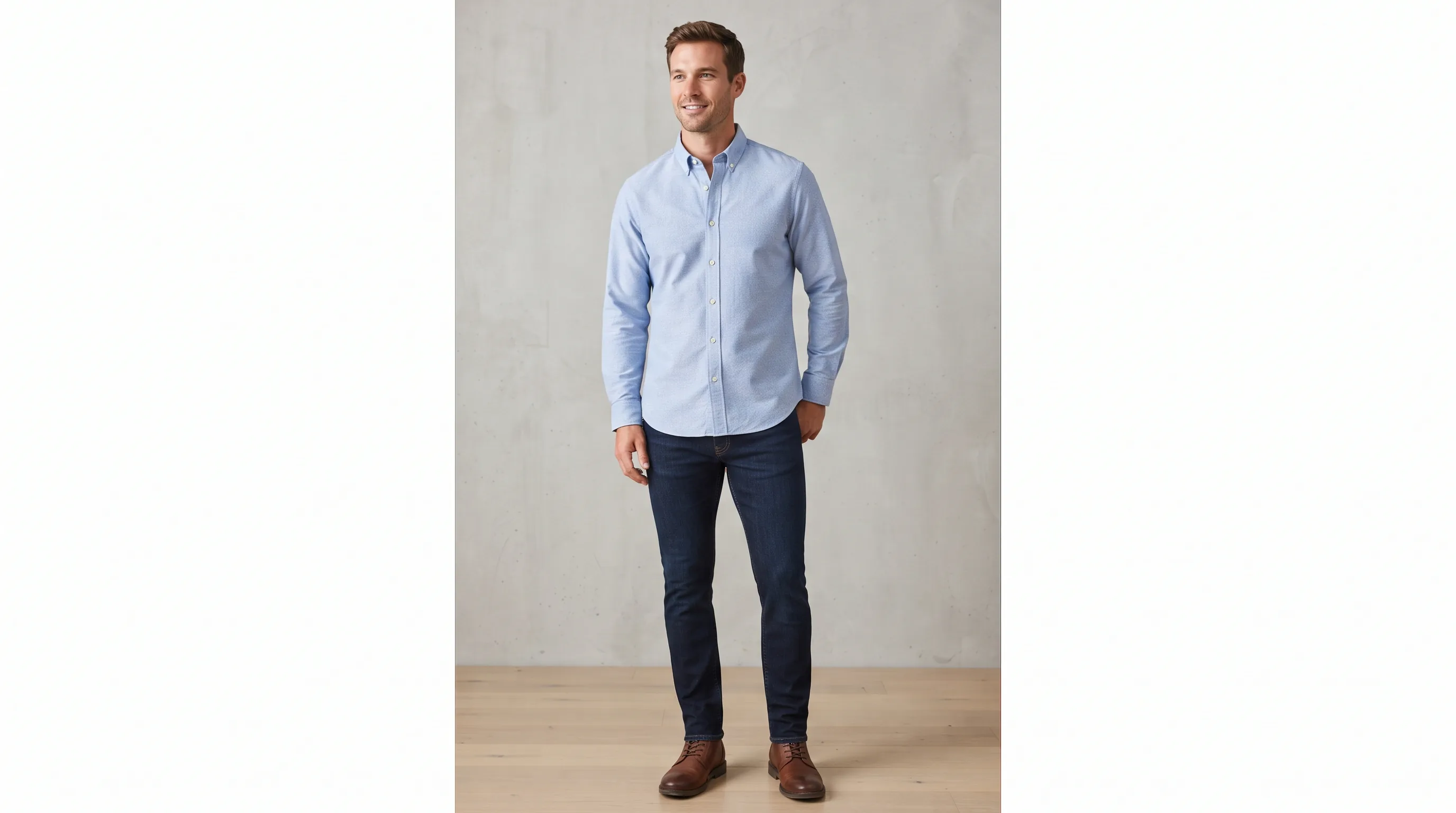 Ecommerce studio photo of a men's casual shirt on an AI male model against a neutral background, an example of menswear product photography using AI