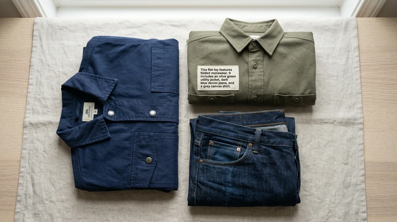 Flat-lay of folded menswear, a shirt, jeans, and a jacket, arranged on a light surface in ecommerce catalog style