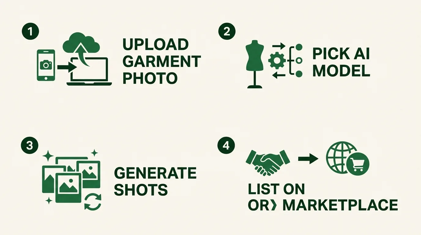 A four-step AI menswear workflow diagram: upload the garment photo, pick an AI model, generate the shots, and list on the marketplace