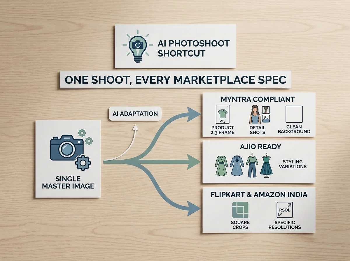 One product photo to multi-marketplace catalog set diagram
