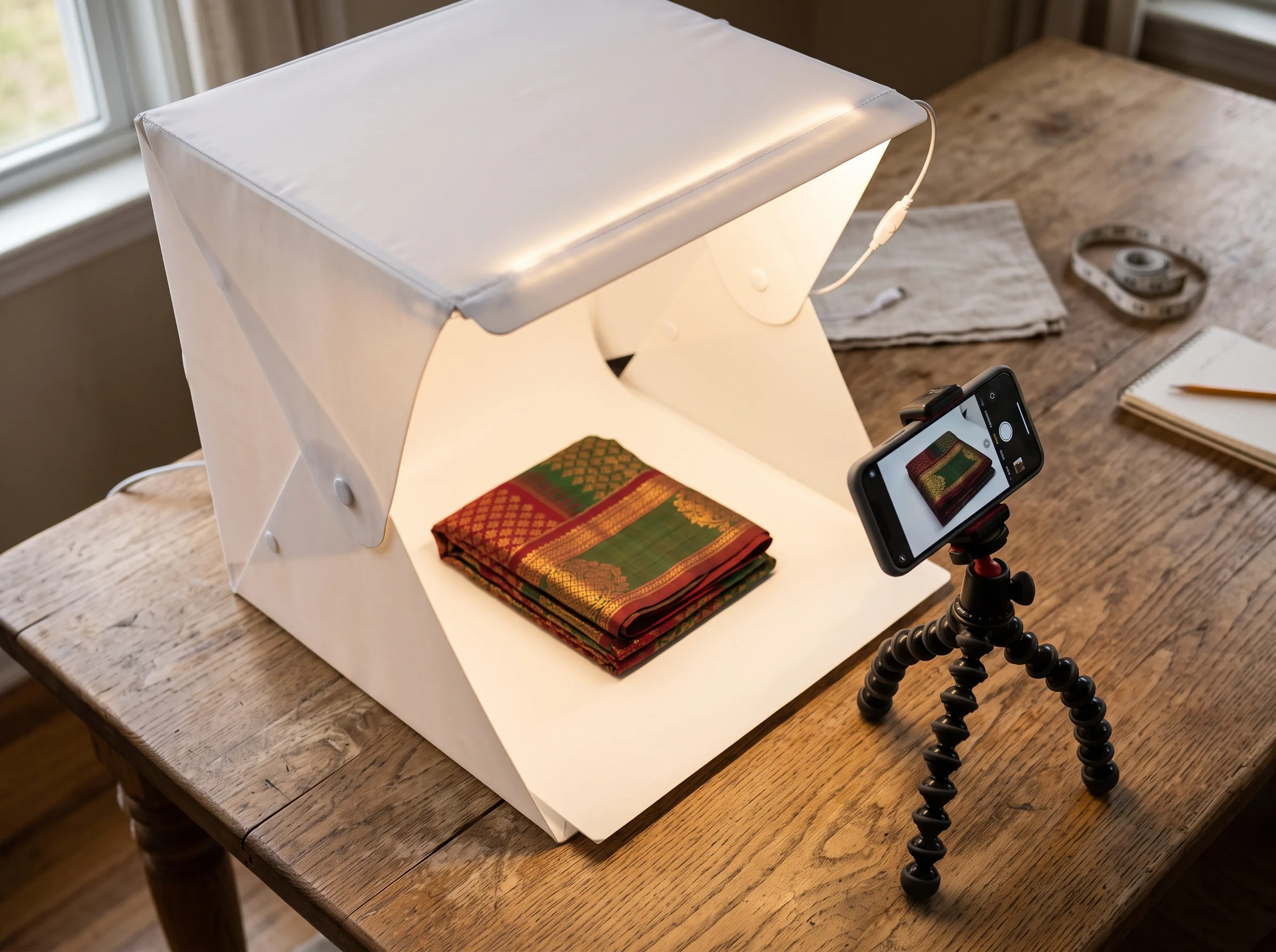 A foldable lightbox with built-in LED lighting used to photograph a folded saree, shot on a smartphone tripod, a budget DIY product photoshoot lighting setup