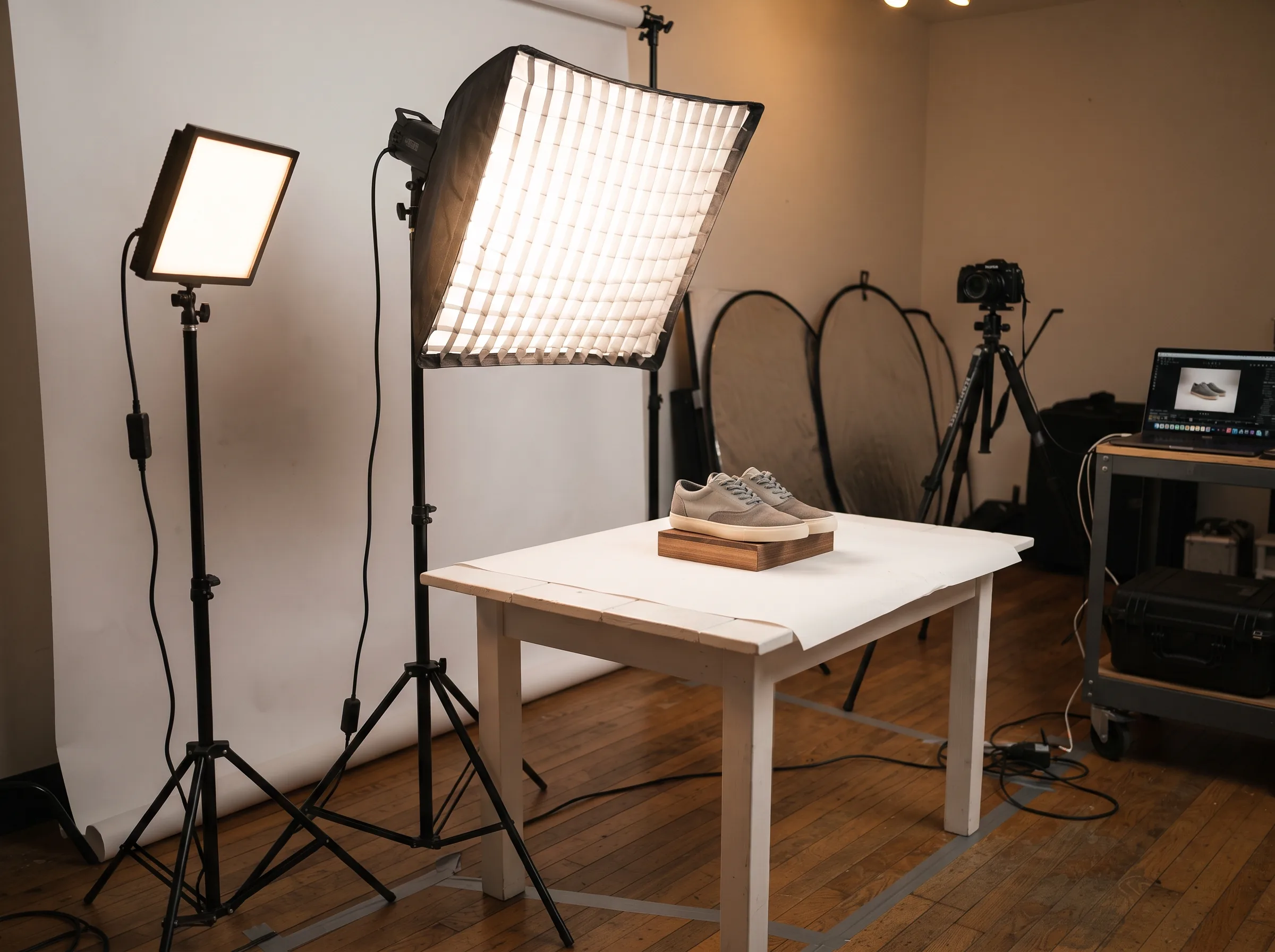 A continuous LED light and a softbox on stands lighting a product shoot of shoes on a table, a mid-range product photography lighting setup
