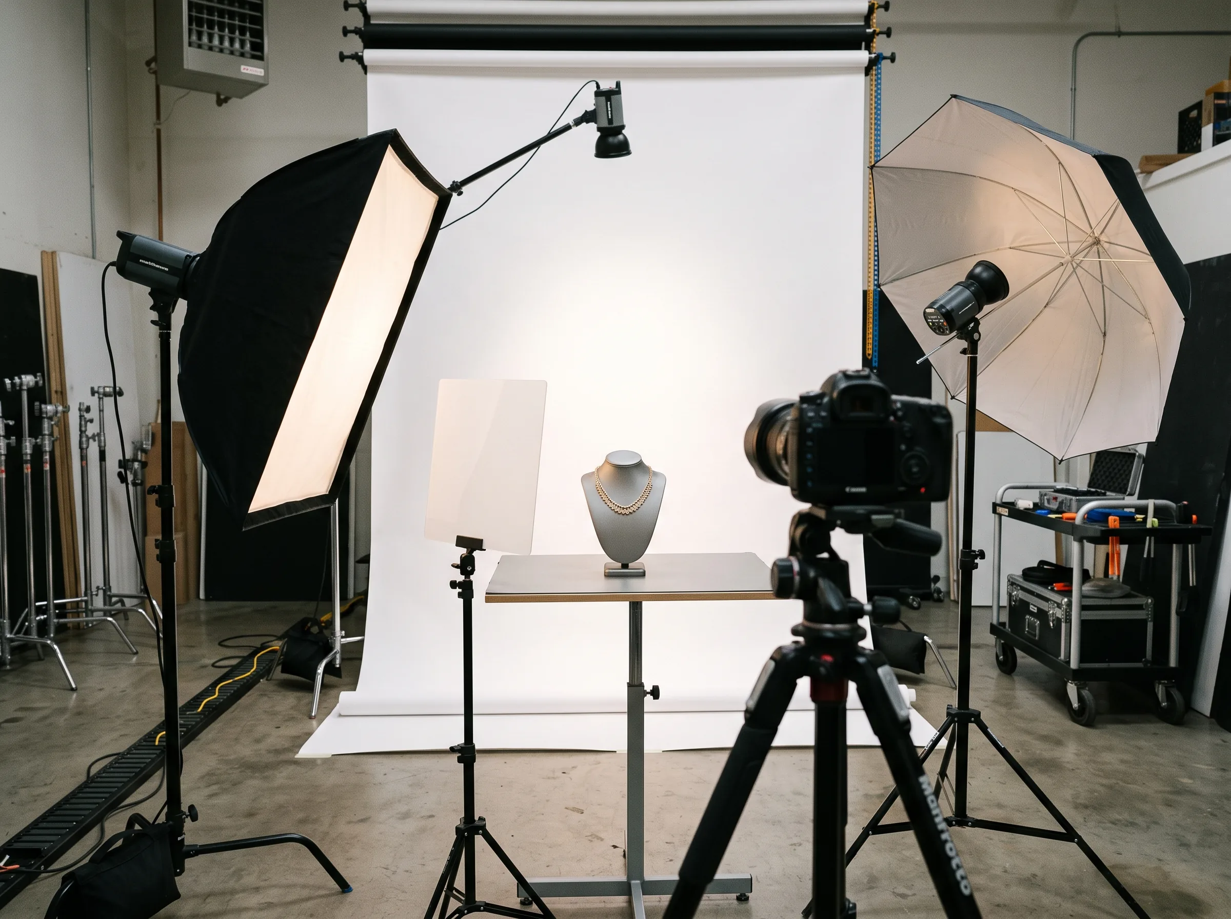 A professional three-point strobe lighting studio setup with softbox, umbrella fill light, and a diffusion panel photographing a jewelry piece