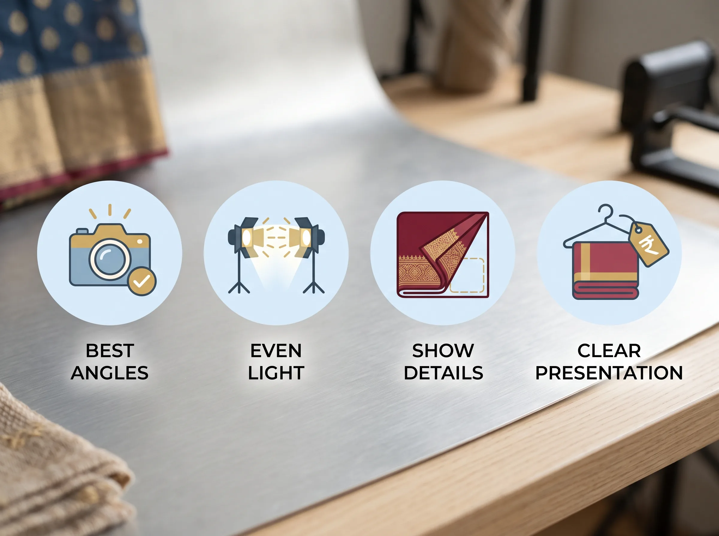 Four keys to a saree listing shot that sells: best angles, even light, showing fabric detail, and clear presentation