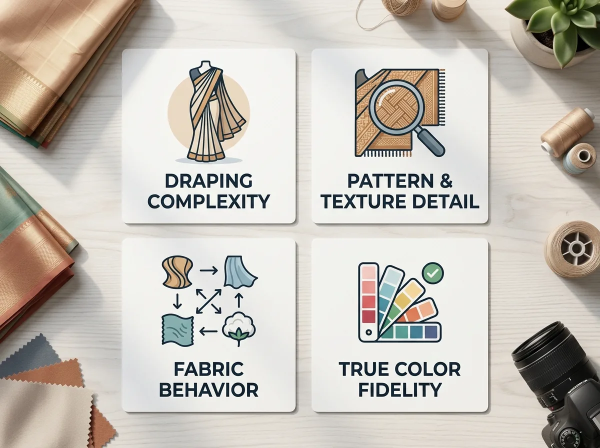 Four reasons saree photography is harder than other apparel: draping complexity, pattern and texture detail, fabric behavior, and true color fidelity