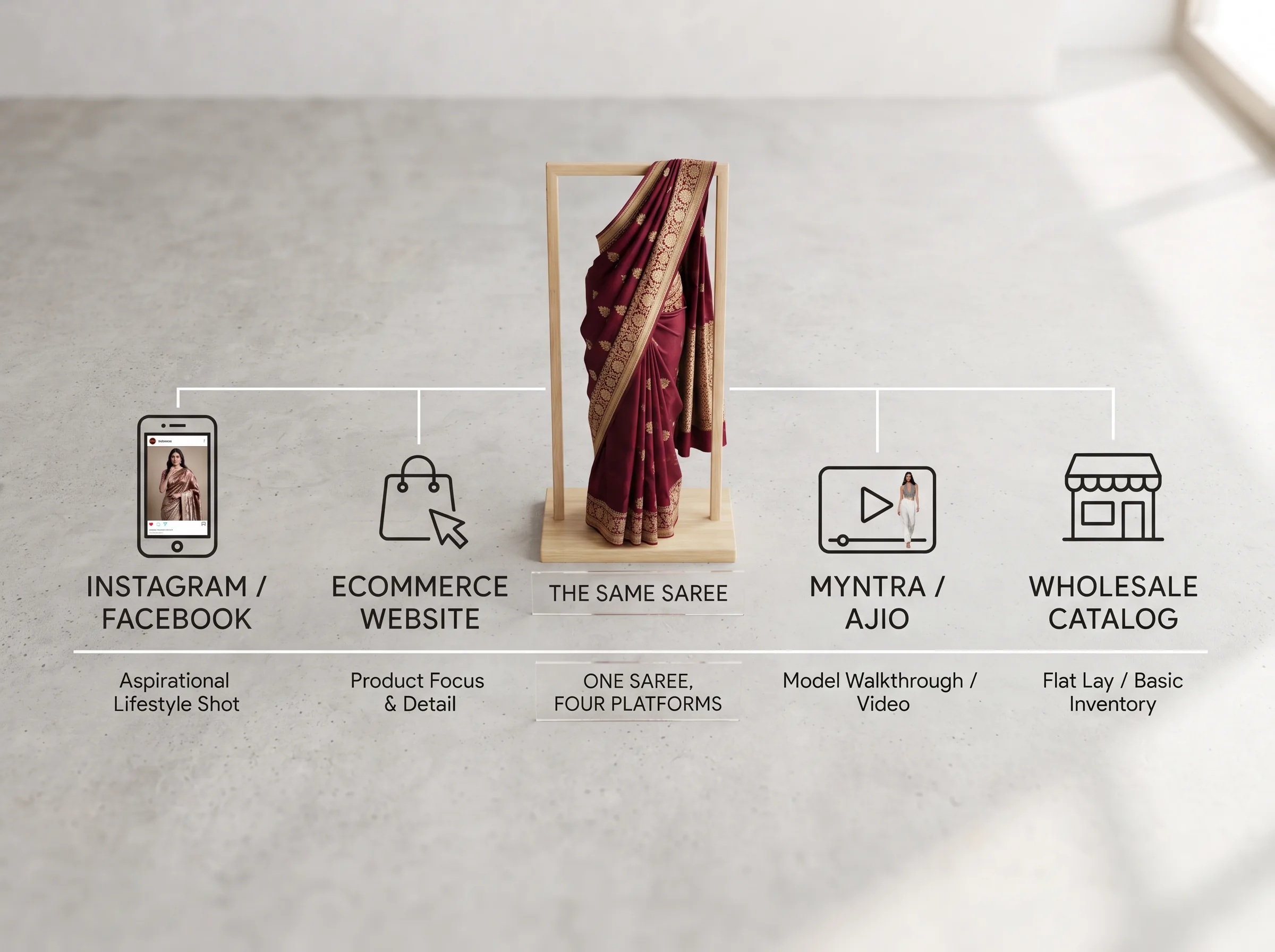 One saree shown across Instagram, an ecommerce website, Myntra and Ajio, and a wholesale catalog, each needing a different style of shot
