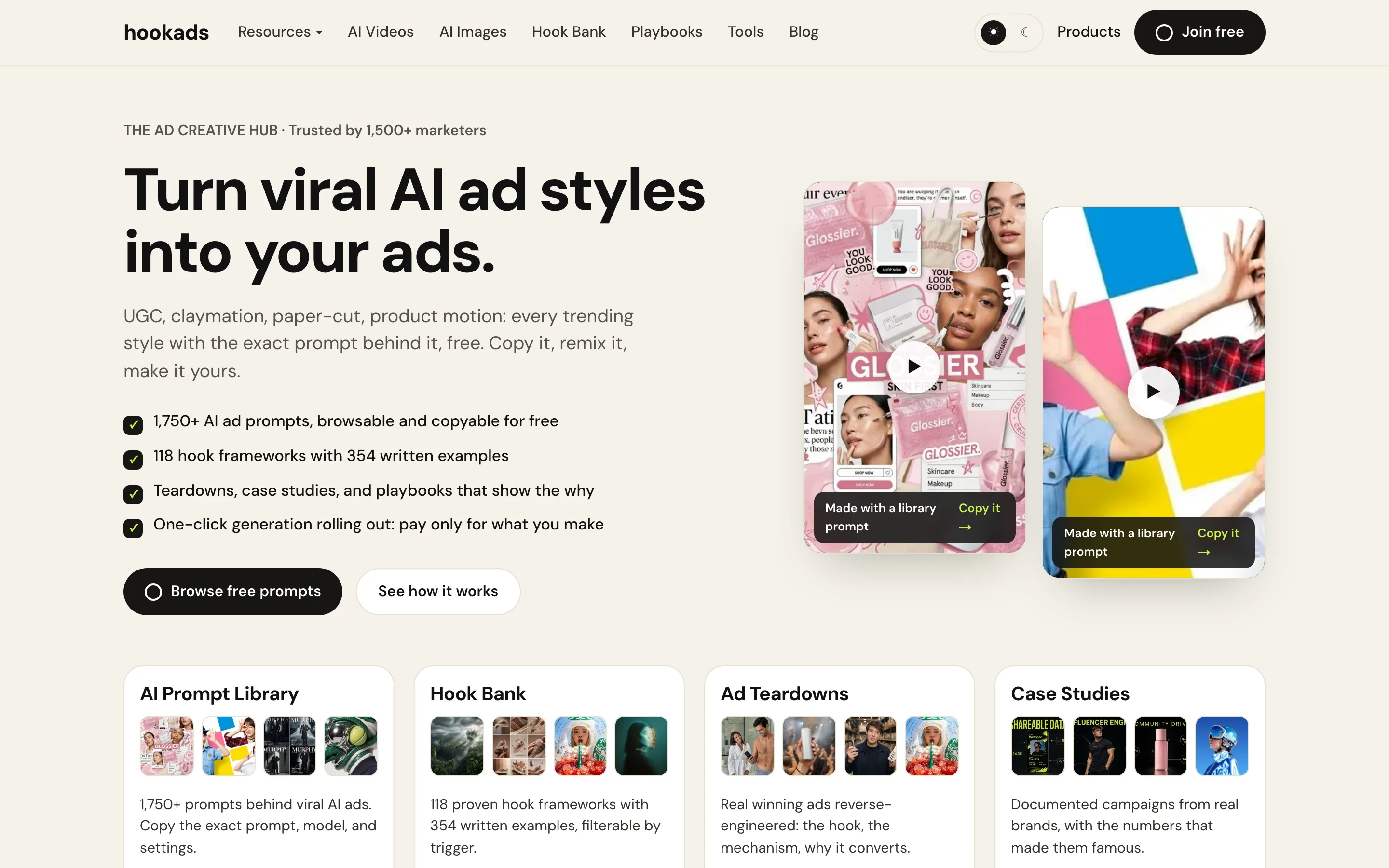 The HookAds AI homepage showing its AI prompt library, hook bank, ad teardowns, and case studies