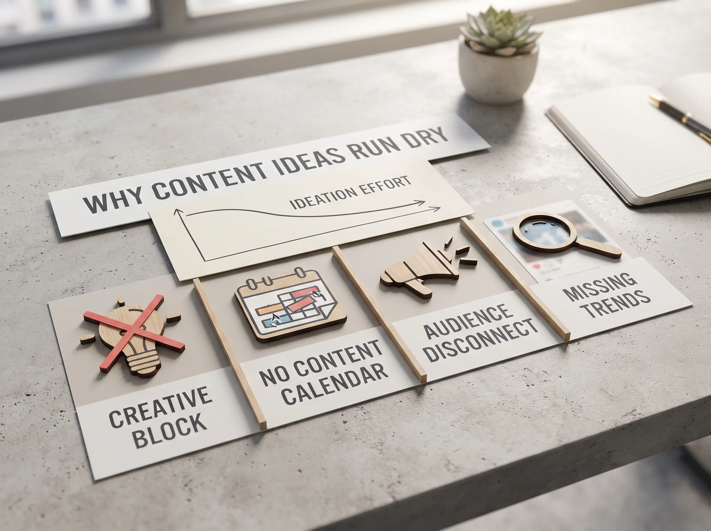 Why content ideas run dry: creative block, no content calendar, audience disconnect, and missing trends