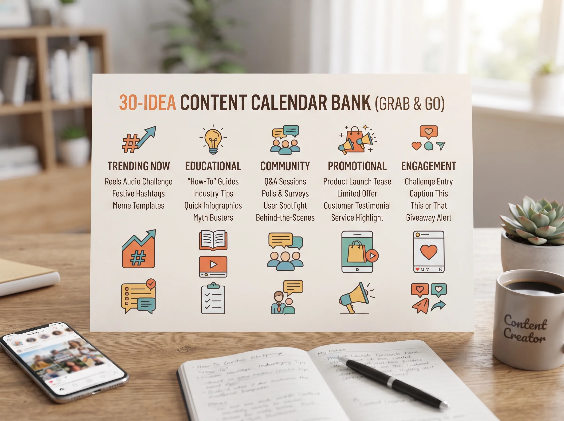 30-idea content calendar bank organized by trending, educational, community, promotional, and engagement categories