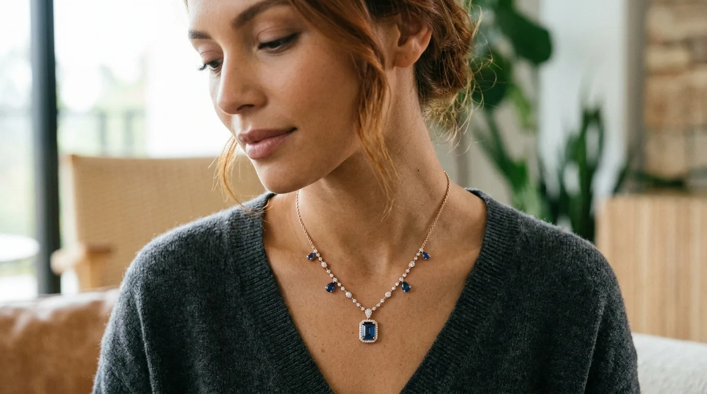 AI necklace photography of an elegant necklace worn on a model's neckline