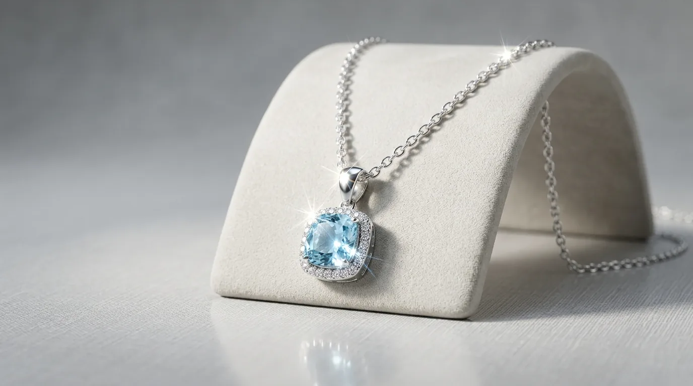 AI necklace photography studio shot of a necklace on a neutral backdrop with sparkling detail