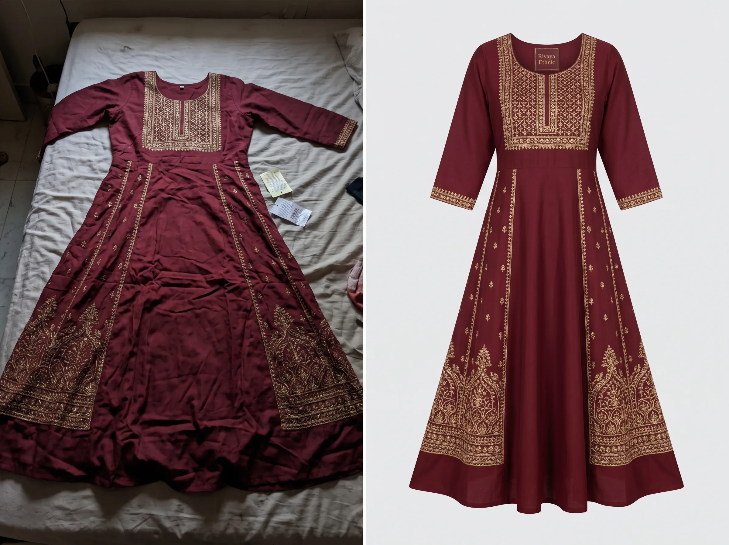 Before and after transformation of a anarkali suit product photo using Scalio AI