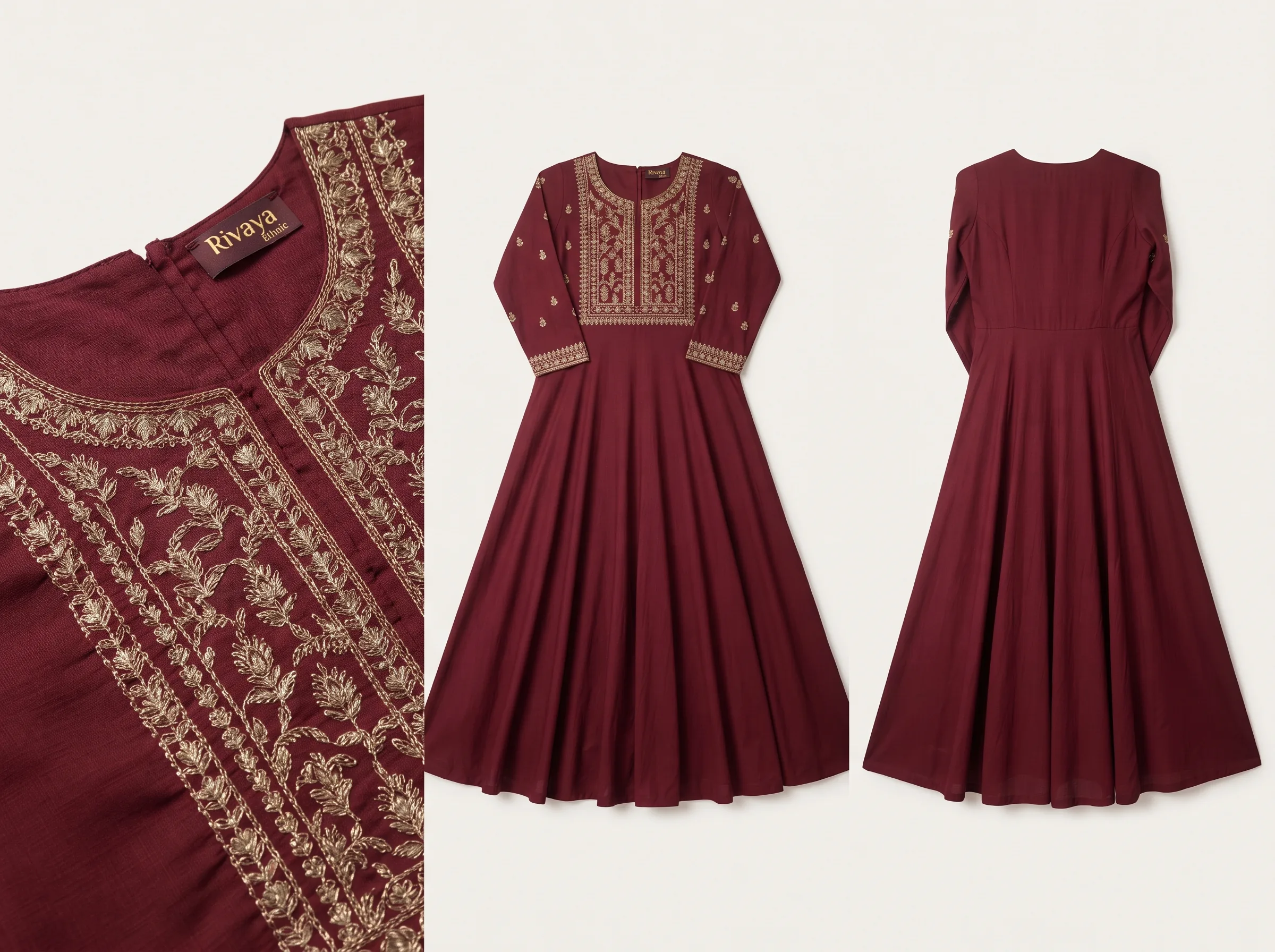 Multiple AI-generated angles of a anarkali suit showing fabric texture and construction detail