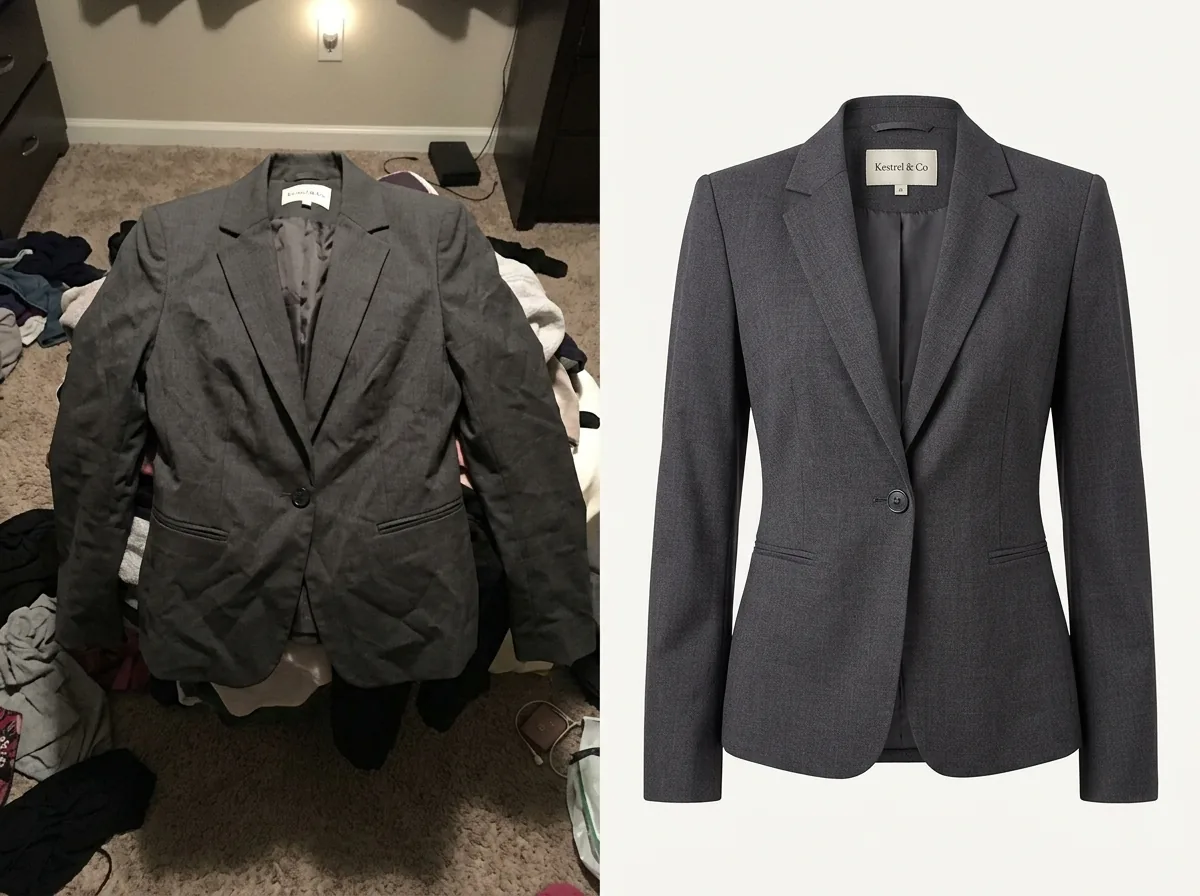 Before and after transformation of a blazer product photo using Scalio AI
