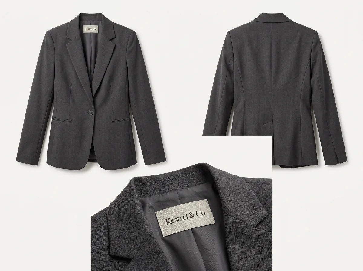 Multiple AI-generated angles of a blazer showing fabric texture and construction detail
