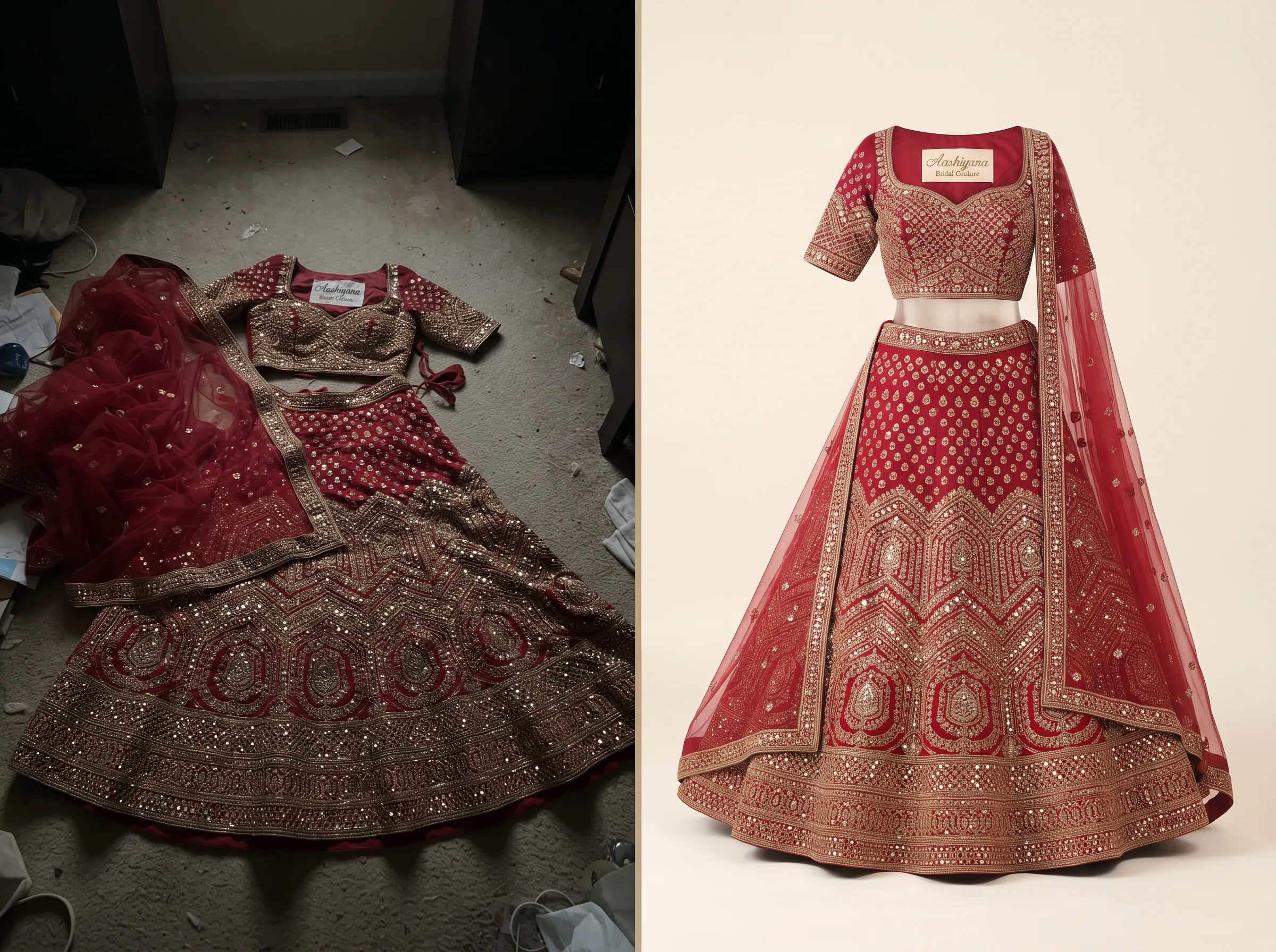 Before and after transformation of a bridal lehenga product photo using Scalio AI