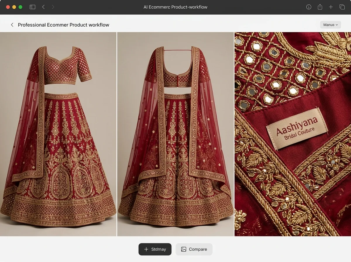 Multiple AI-generated angles of a bridal lehenga showing fabric texture and construction detail