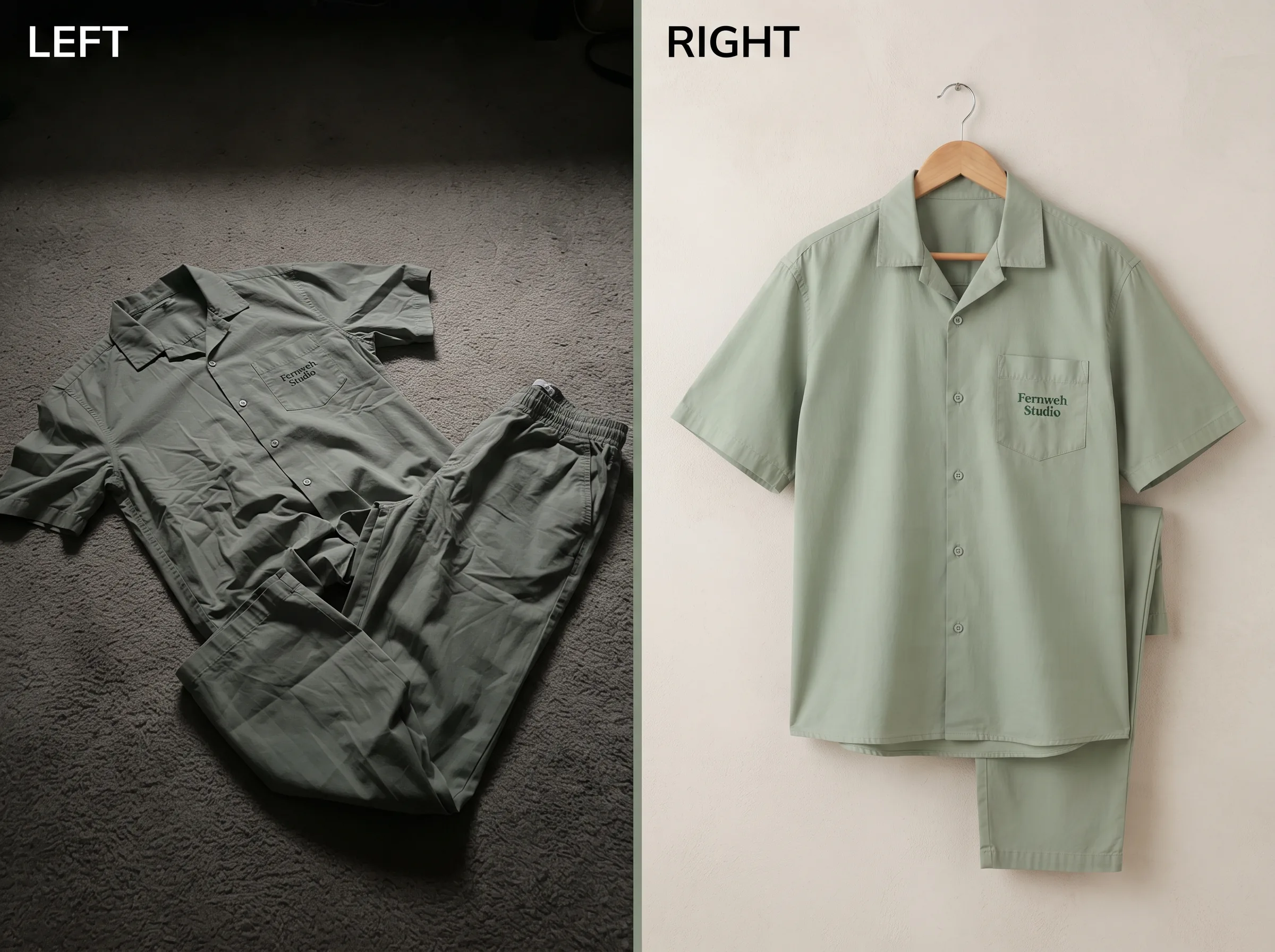 Before and after transformation of a casual co-ord set product photo using Scalio AI