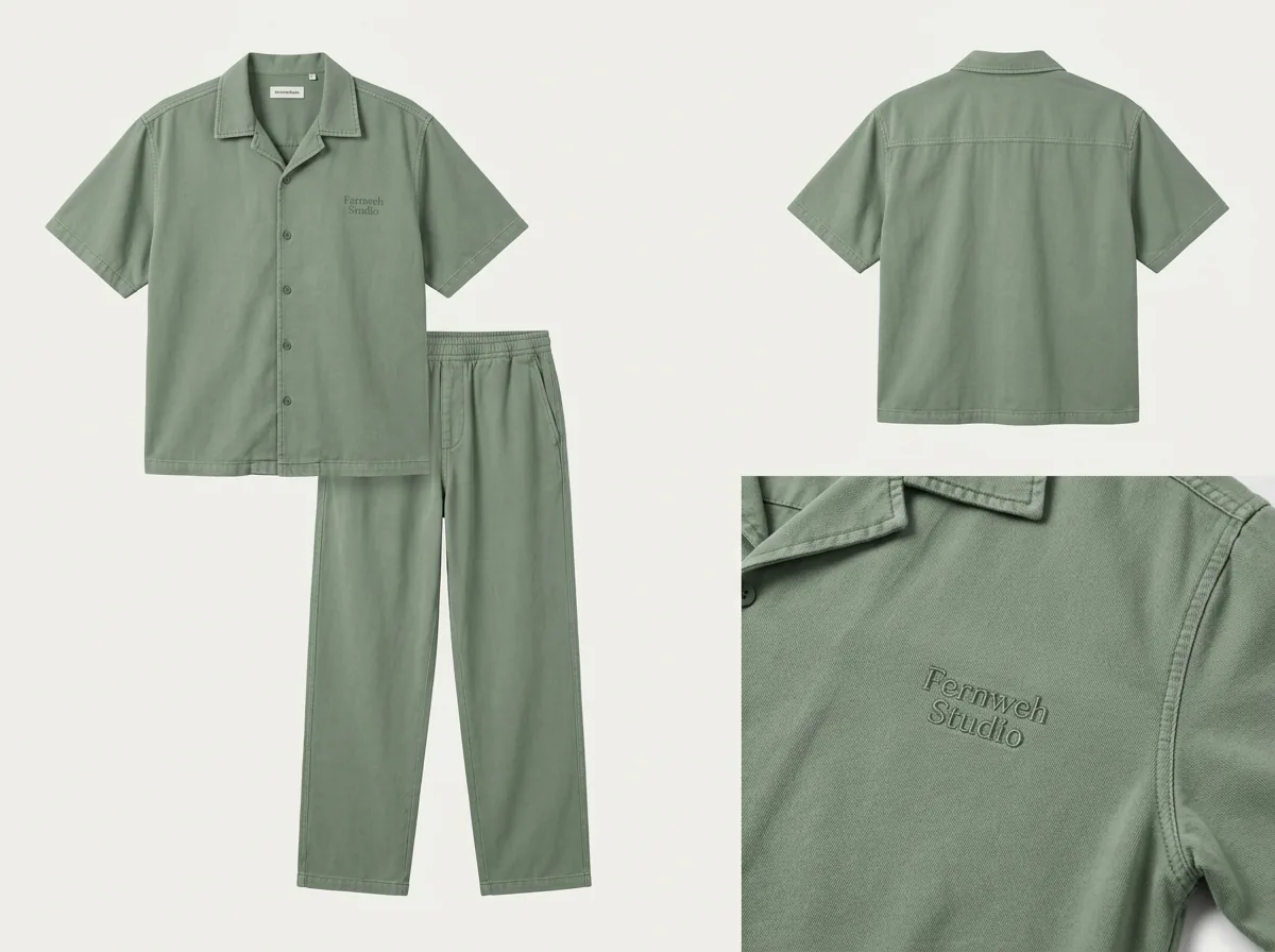 Multiple AI-generated angles of a casual co-ord set showing fabric texture and construction detail