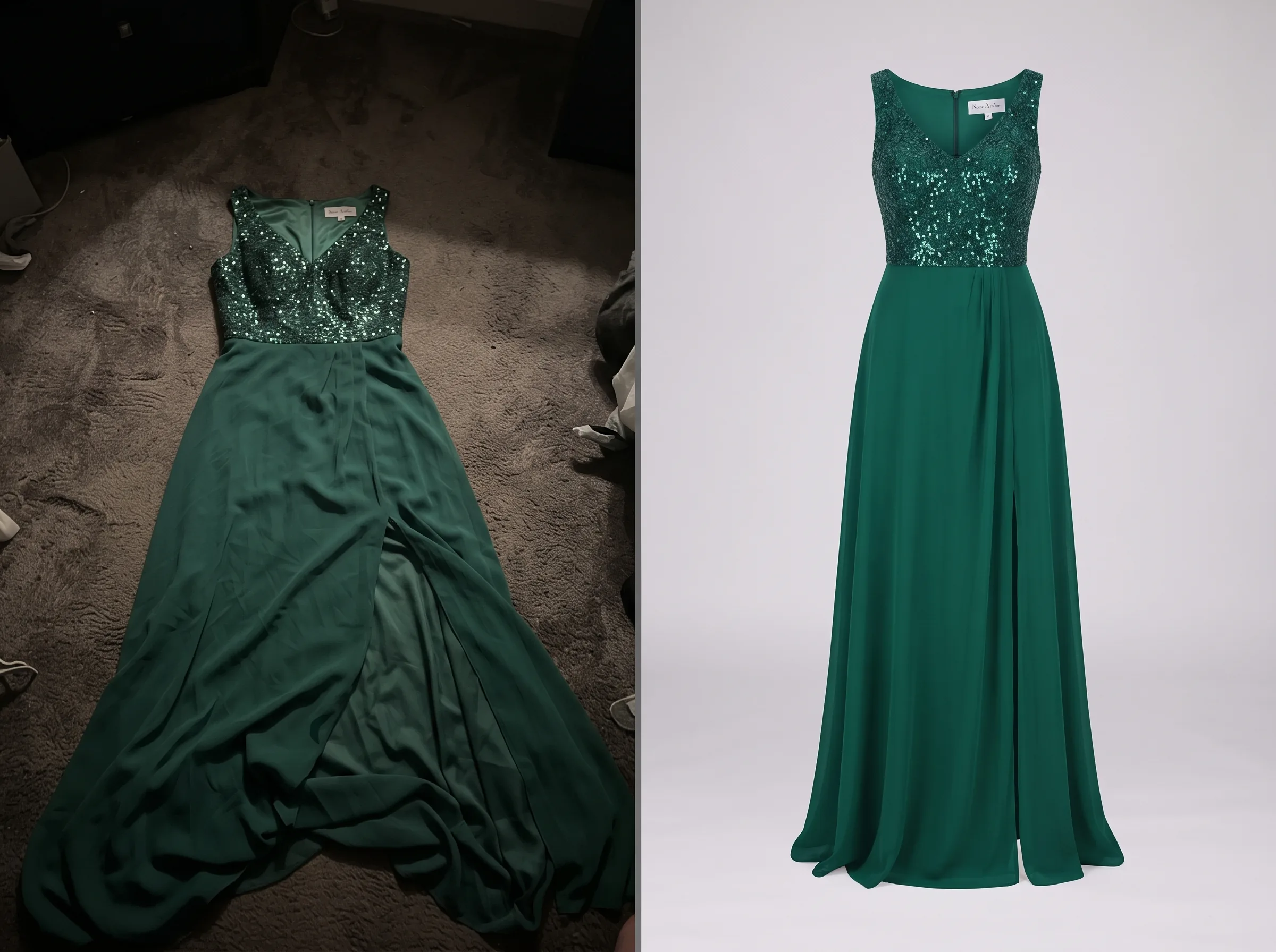 Before and after transformation of a designer gown product photo using Scalio AI