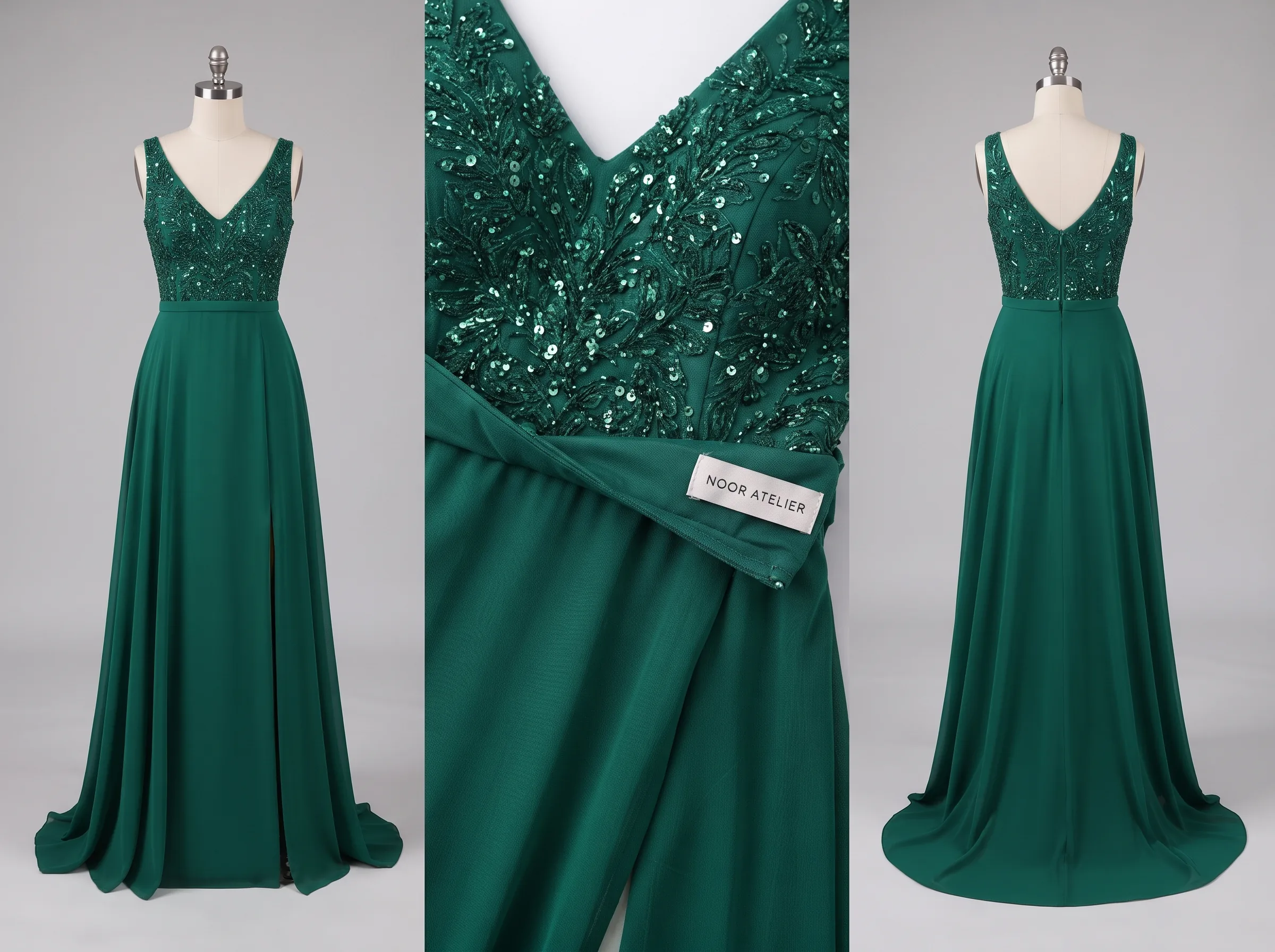 Multiple AI-generated angles of a designer gown showing fabric texture and construction detail