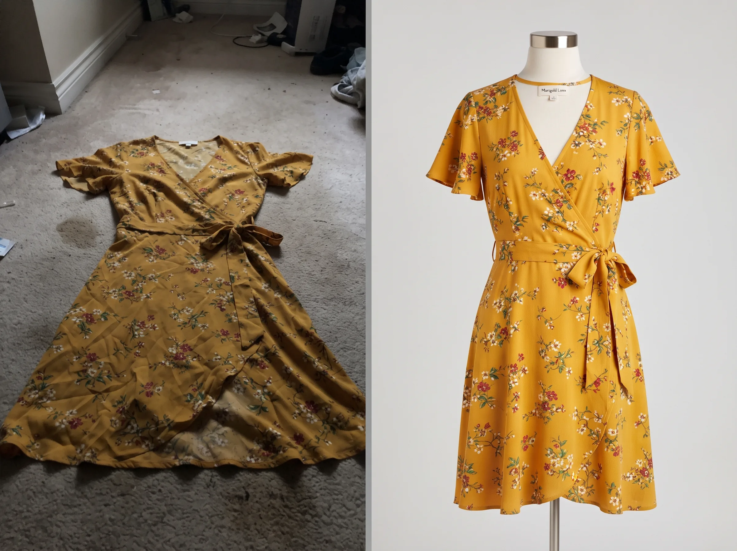 Before and after transformation of a dress product photo using Scalio AI