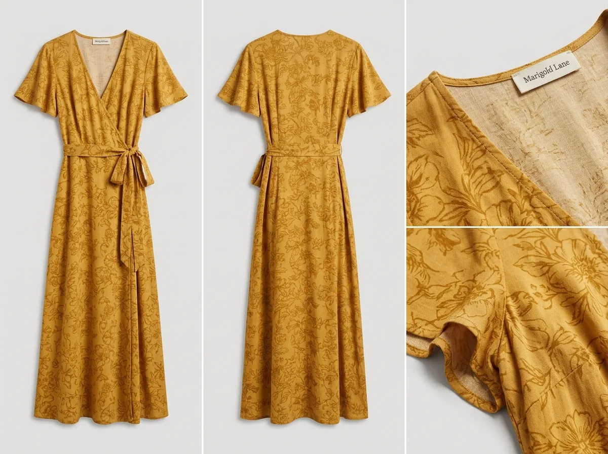 Multiple AI-generated angles of a dress showing fabric texture and construction detail