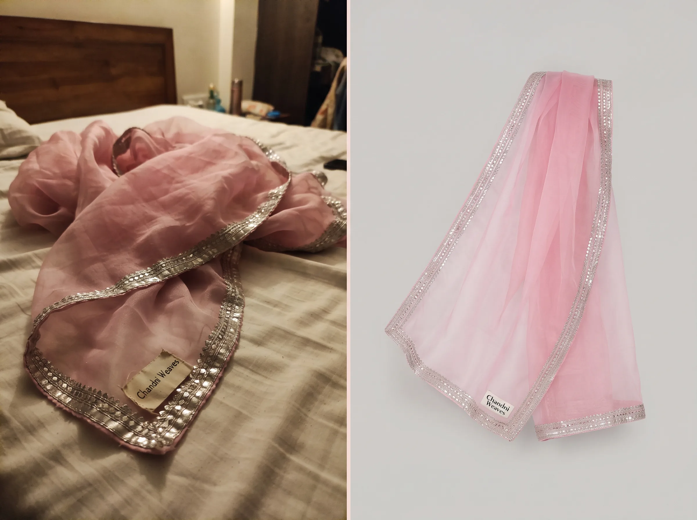 Before and after transformation of a dupatta product photo using Scalio AI