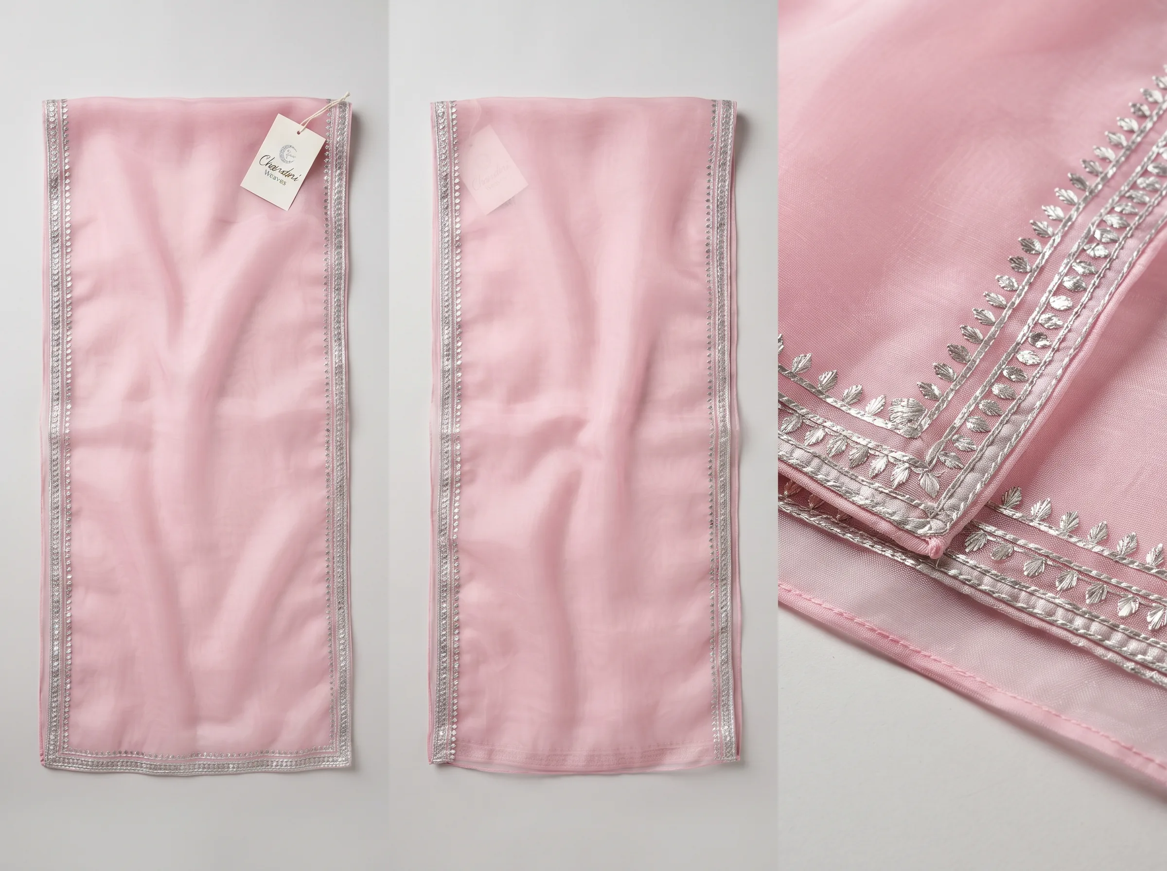 Multiple AI-generated angles of a dupatta showing fabric texture and construction detail