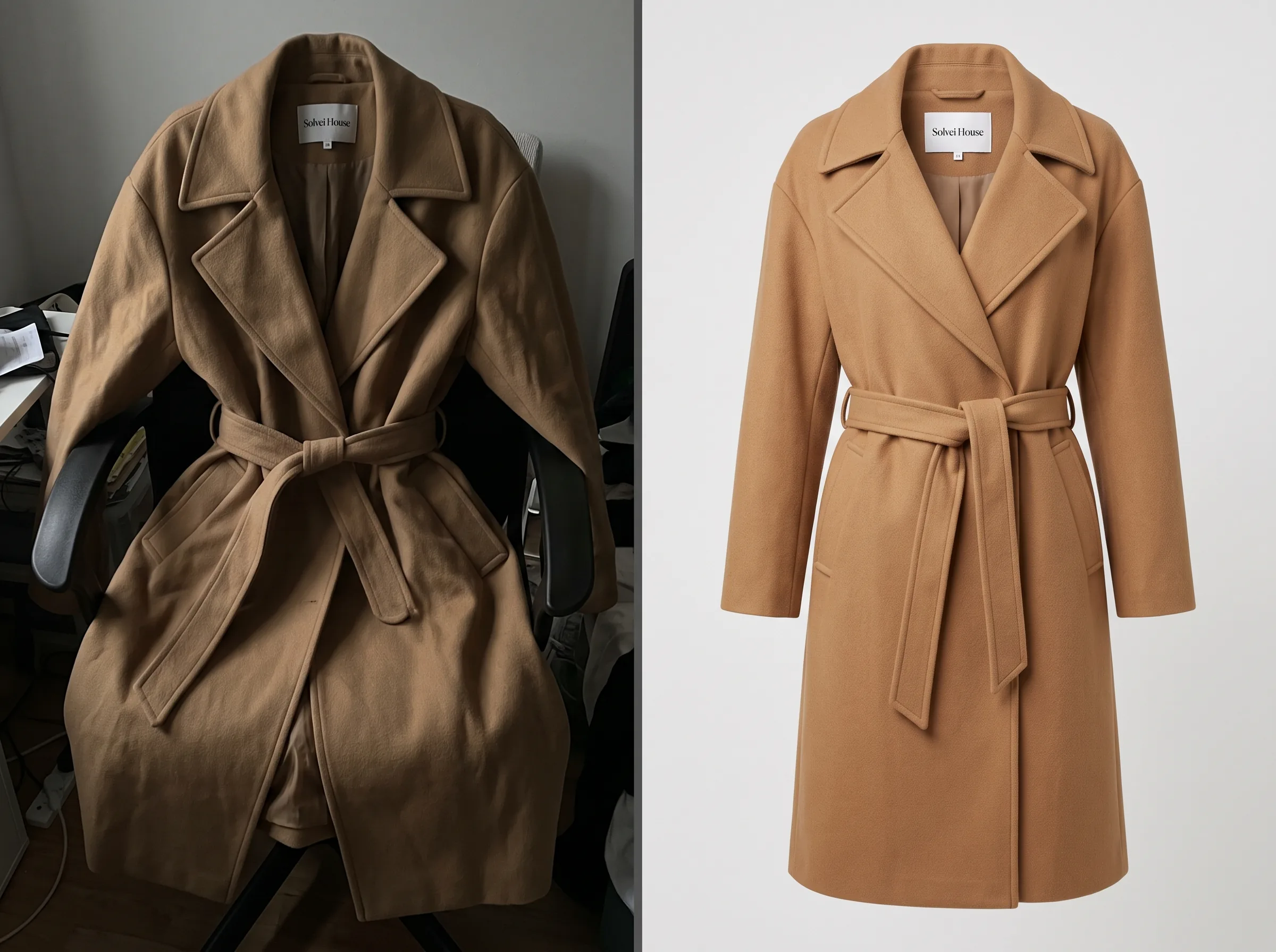 Before and after transformation of a editorial outfit (statement trench coat) product photo using Scalio AI