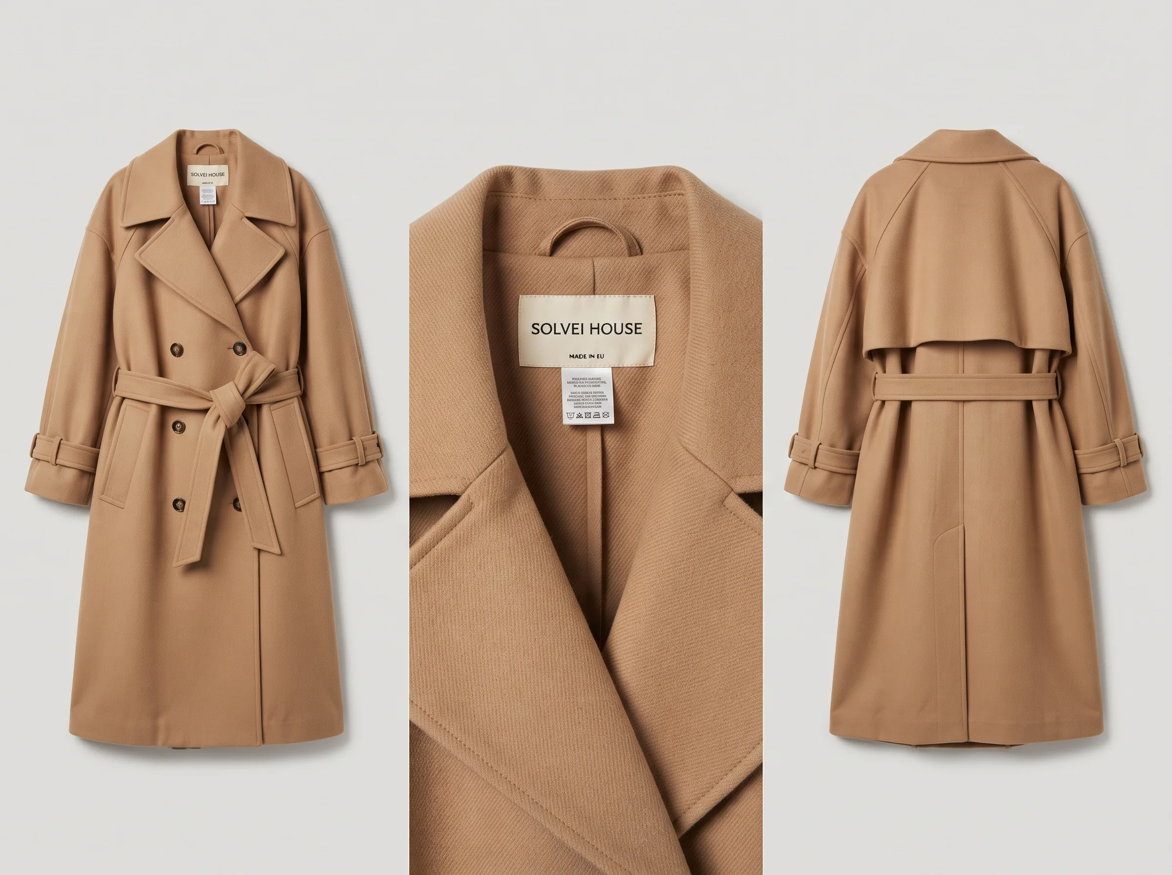 Multiple AI-generated angles of a editorial outfit (statement trench coat) showing fabric texture and construction detail