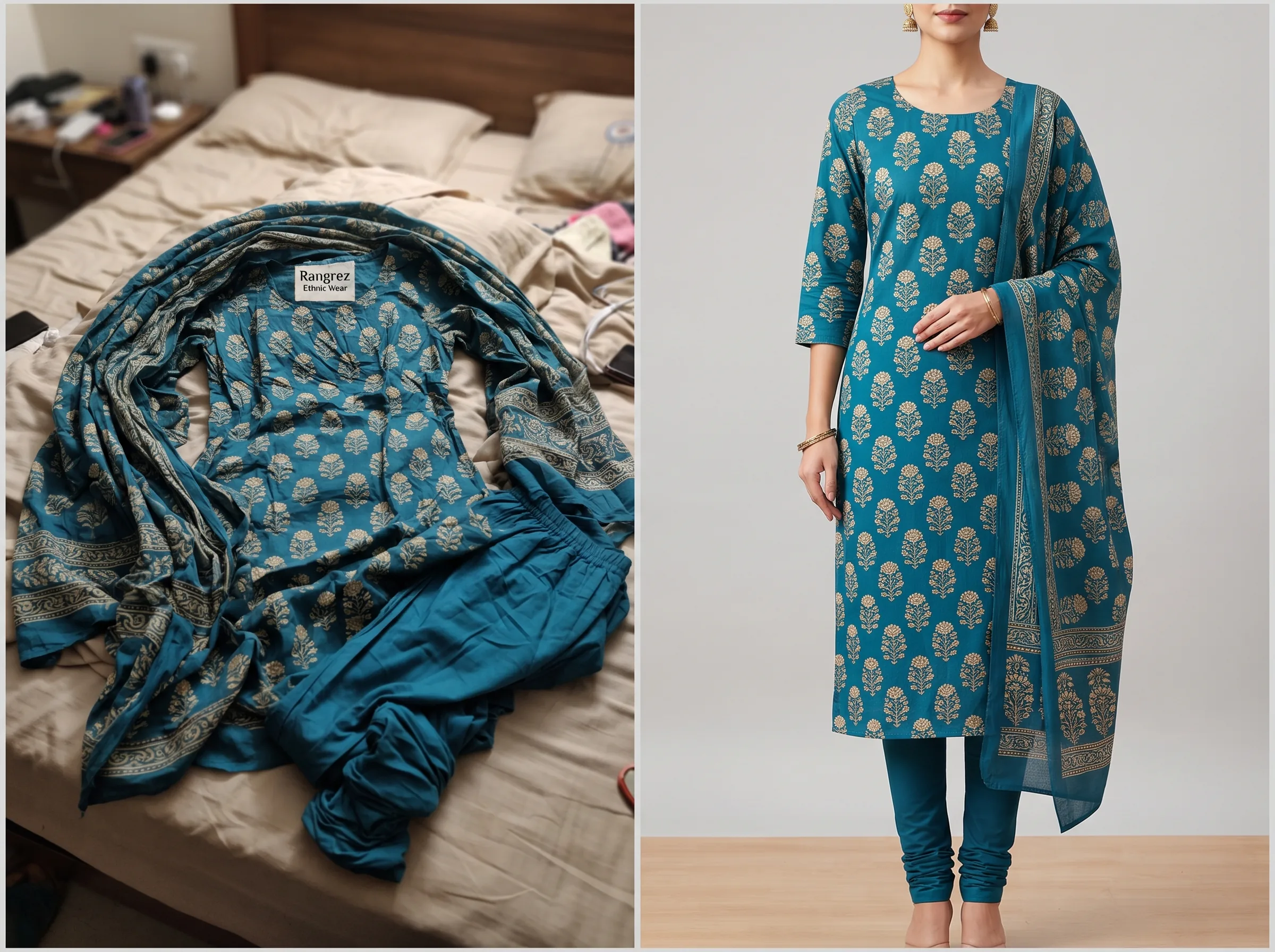 Before and after transformation of a ethnic straight-cut suit set product photo using Scalio AI