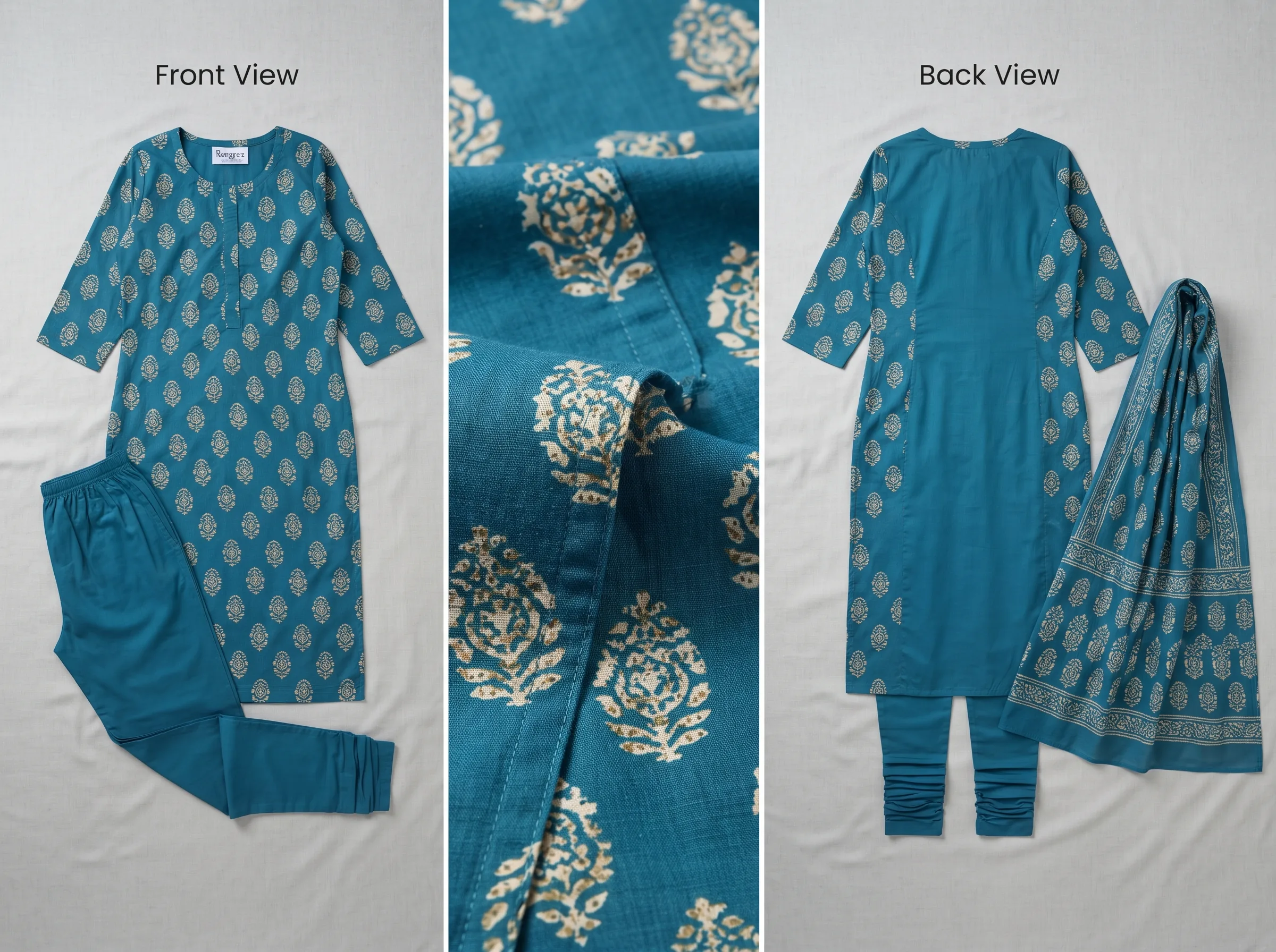 Multiple AI-generated angles of a ethnic straight-cut suit set showing fabric texture and construction detail